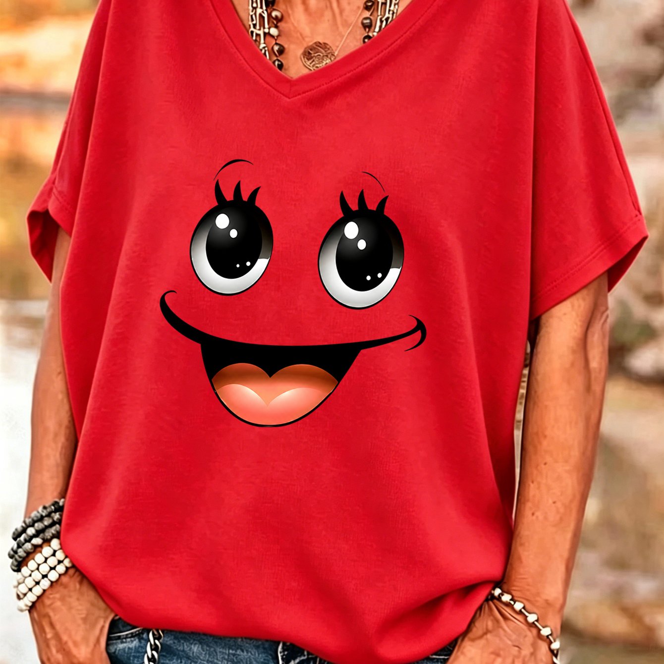 TEMU Plus Size, Women's V-neck Batwing Sleeve T-shirt, Plus Size 1xl-8xl, Cartoon Print, High-quality Women's V-neck T-shirt, Plus Size Casual