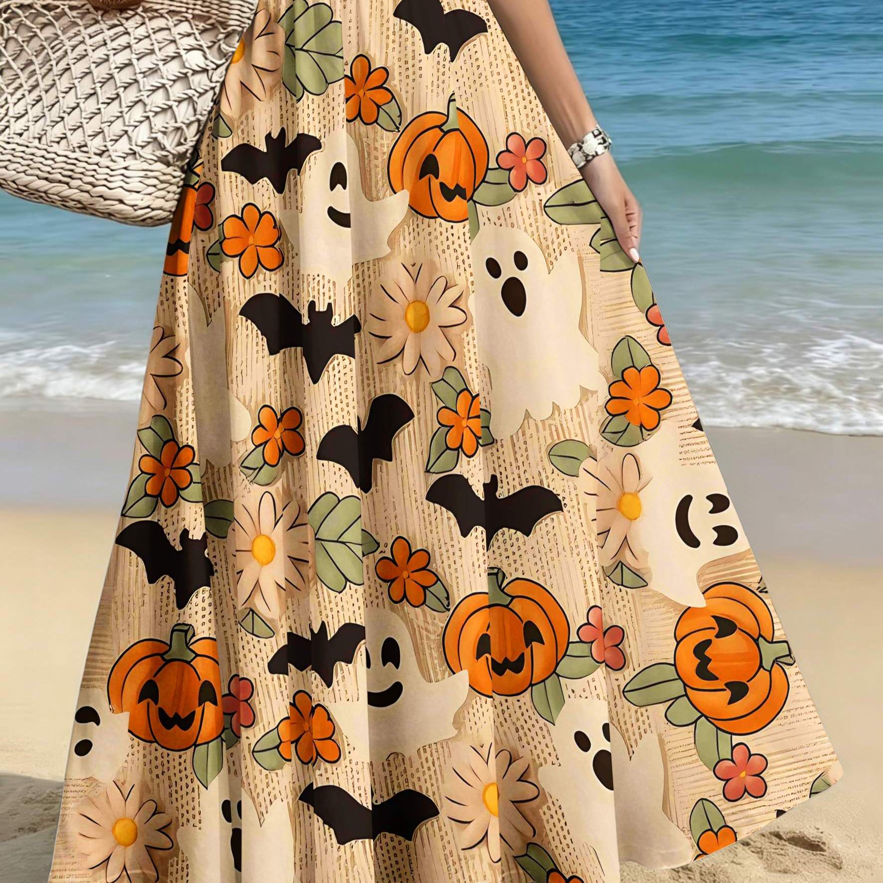 TEMU Plus-size Women's Elegant And Stylish Half-skirt, Casual Printed Midi Skirt, Halloween Pattern With Pumpkin,, Bat, And Flower Prints, Skirt For