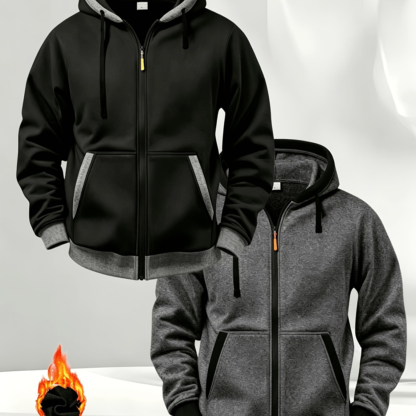 TEMU Two-pc Men's Hooded Zip-up Jacket Sweatshirt, Suitable For Outdoor Sports And Casual Wear, Preppy Style Cardigan Sweatshirt