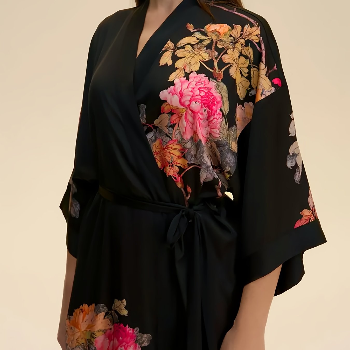 TEMU Japanese-style Rose Print Mid-length Three-quarter Sleeve Kimono Cardigan, Lightweight Outerwear For Women, Elegant European And American