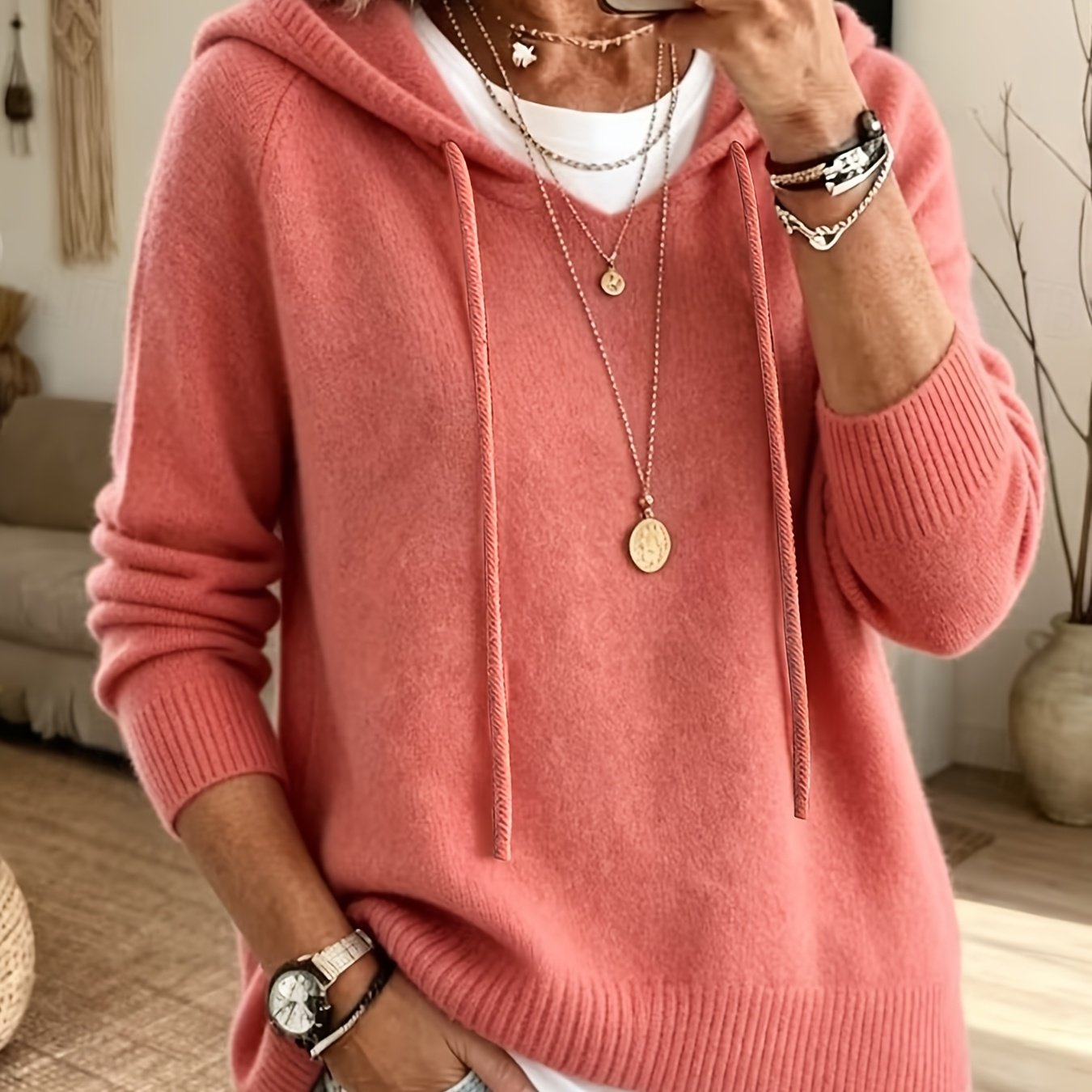 TEMU Women's Gentle Hooded Top With Adjustable Drawstring Hood, Loose Raglan Long Sleeves, Ribbed Cuffs, Soft And Skin-friendly For Daily Casual Wear