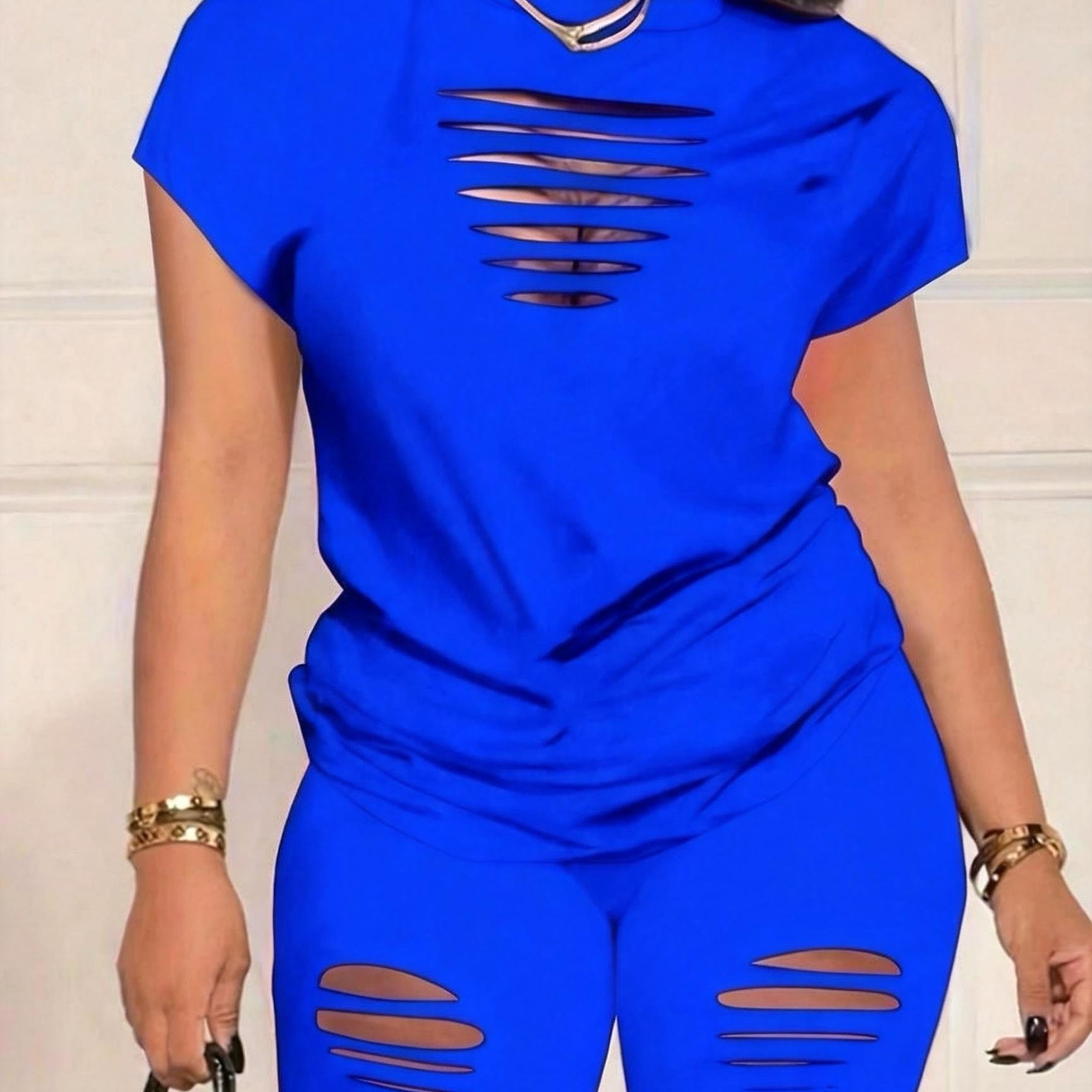 TEMU | Exquisite Blue Hollow-out Set, Sexy And Fashionable, Perfect For Spring/summer Style