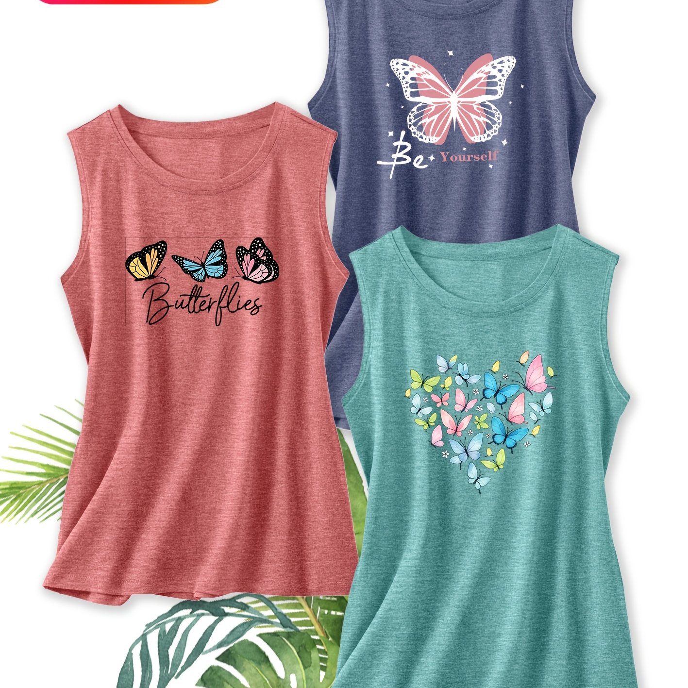 TEMU Three-pack Women's Elegant Vest With Slogan Print, Round Neck Tank Top Suitable For Spring And Summer, Fashionable , Vacation, Daily Versatile