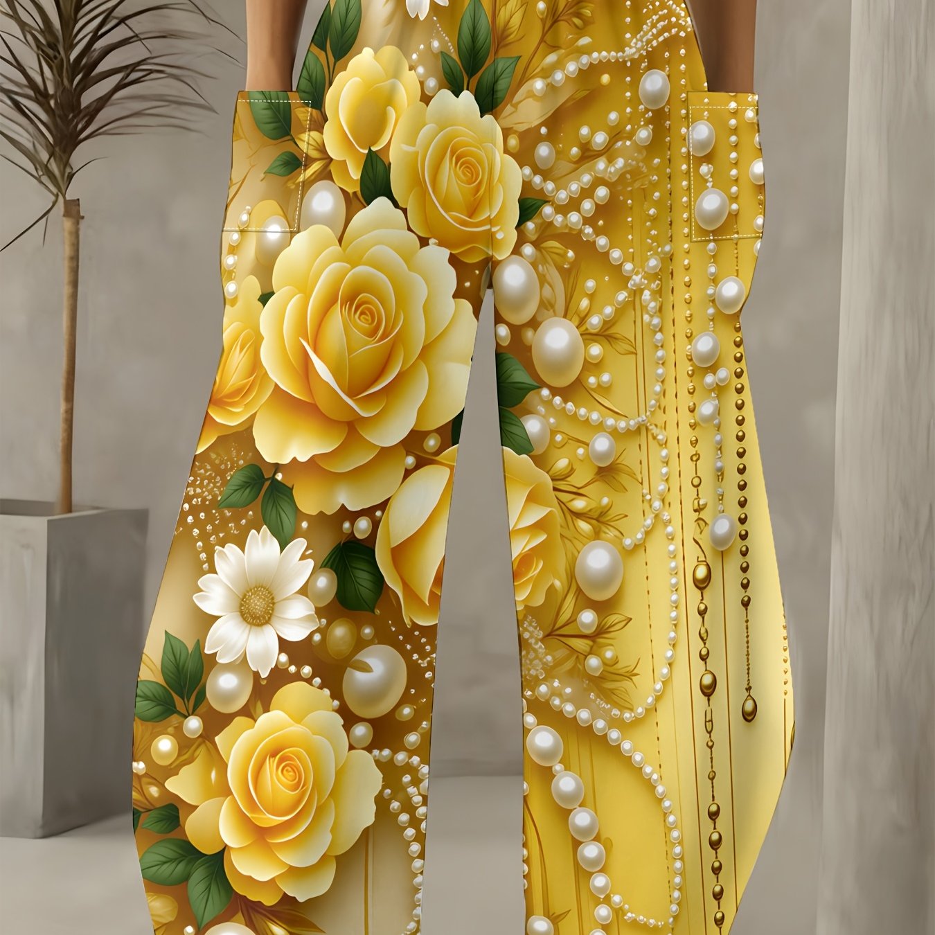 TEMU Plus Size - Plus Size - Plus Size Women's Spring Light Golden Bottom Print Loose Wide-leg Pants Elastic Waist High Waist Skin-friendly