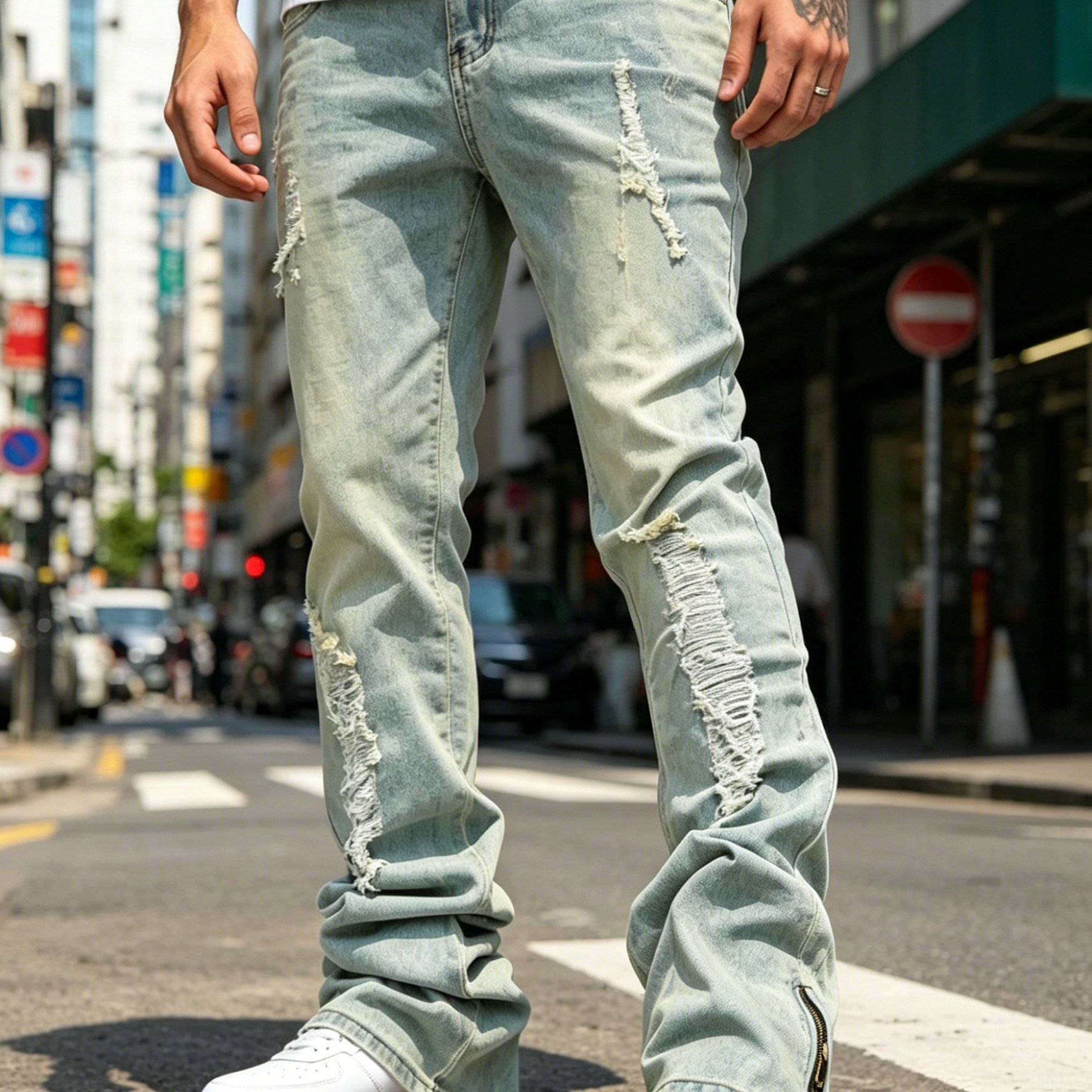 TEMU [hme] H017 Men's Slim Fit Flared Denim Pants For , Ankle Zip& Split Design, Heavy-duty Washed With Rips, Classic Vintage Blue, Fashionable And