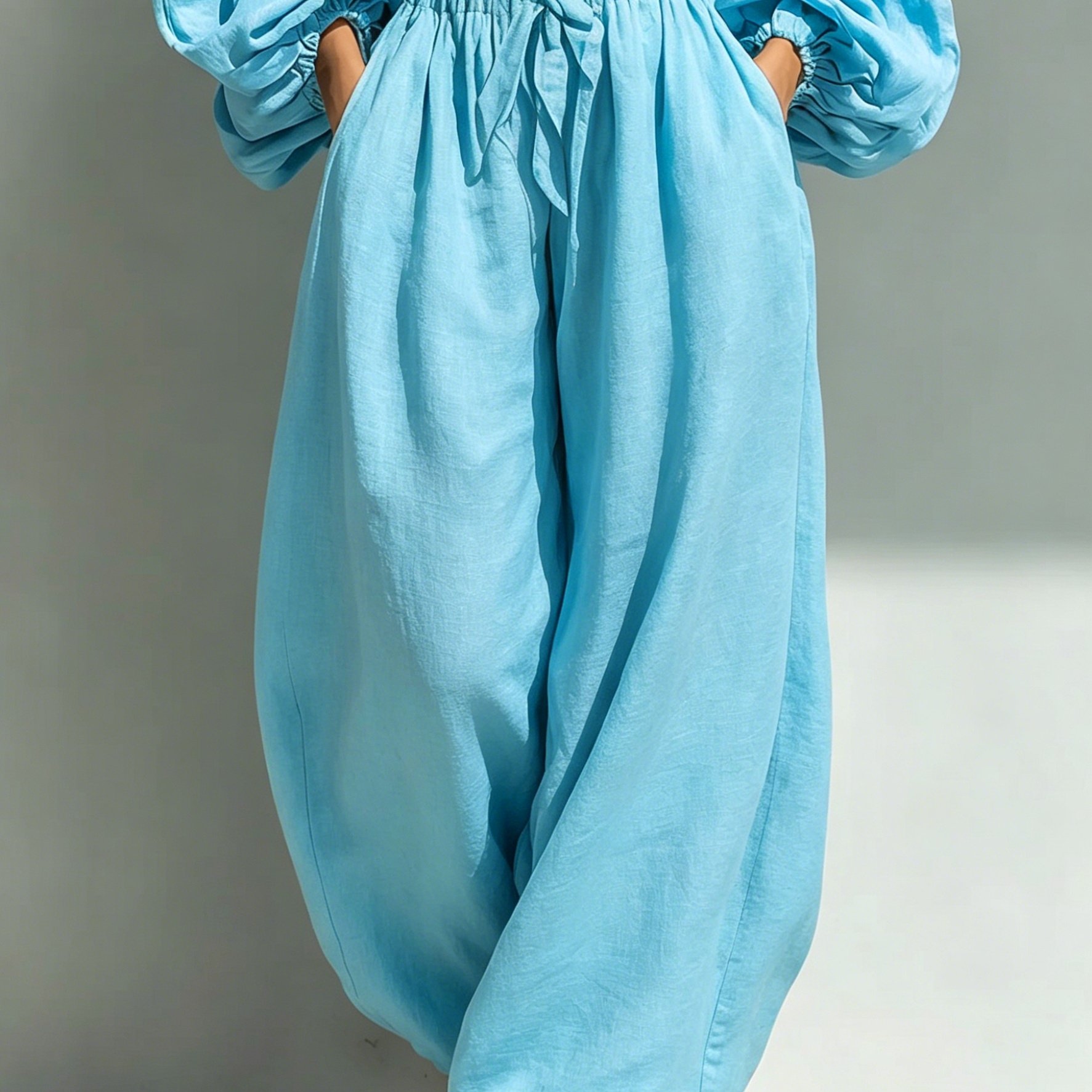 TEMU Fashionably Elegant Light Blue Wide-leg Cinched Pants