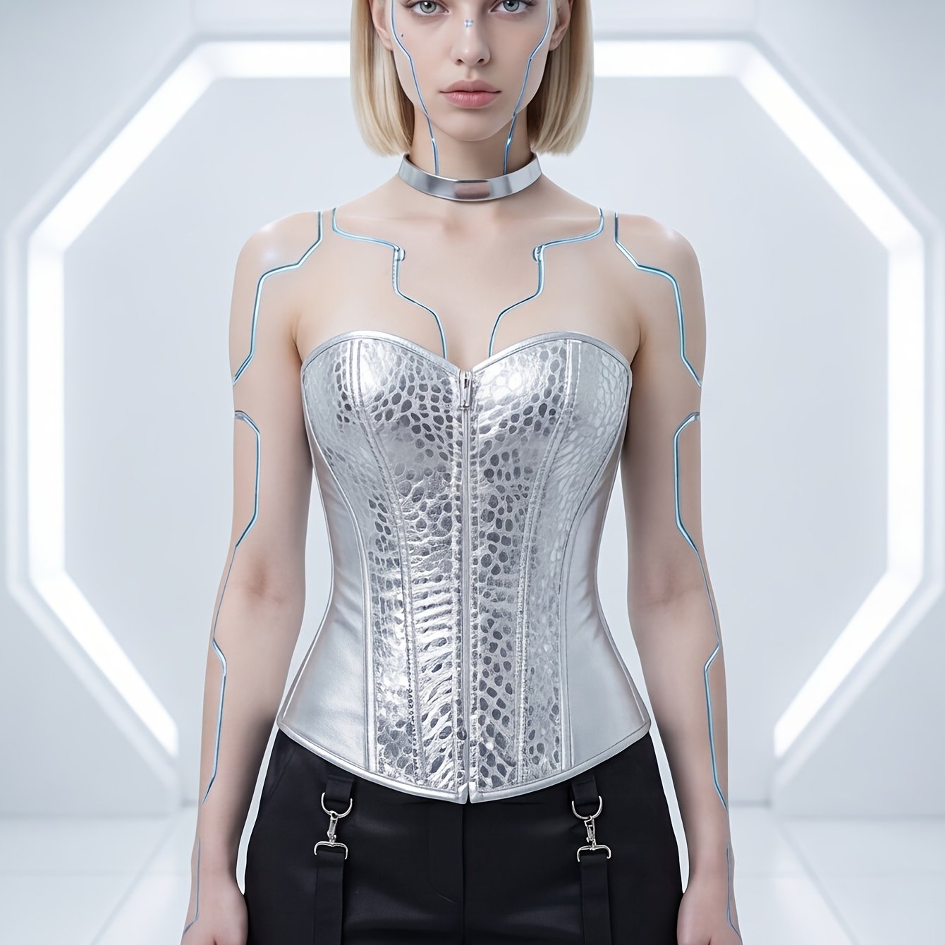 Women's Corsets Faux Leather Steampunk Corset Top Zipper Bustier Silver Corset