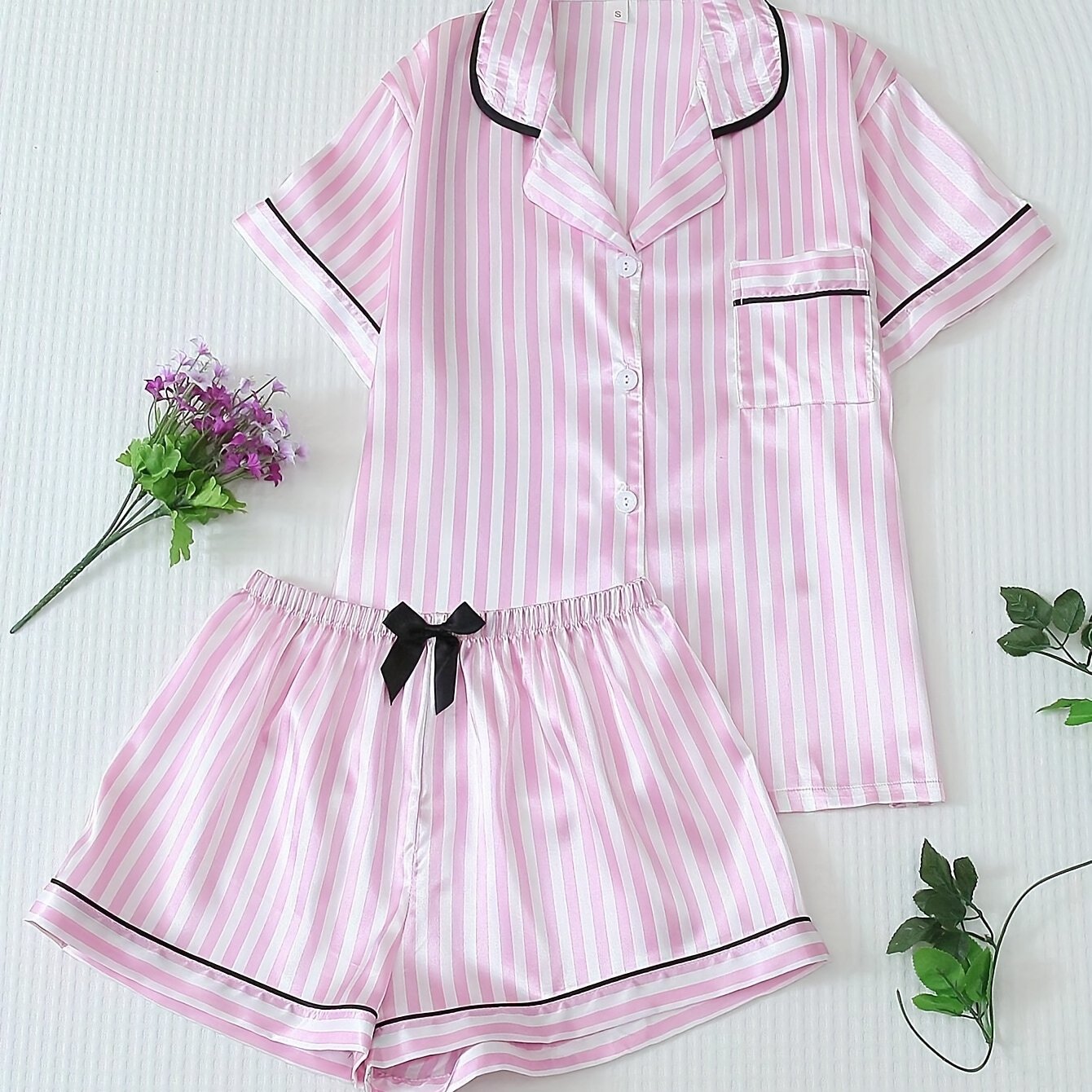 TEMU Pink Striped Bow-knot Short Sleeve And Shorts Pajama Set For Women | Elegant Lapel Collar,