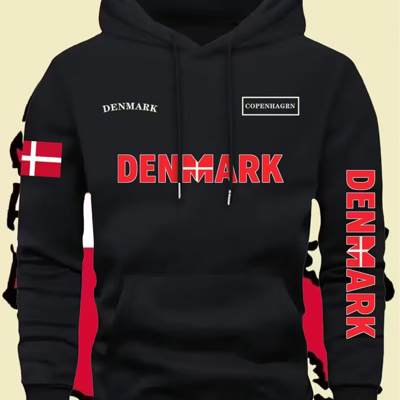TEMU Men's Danish Flag Hoodie - Denmark Letter Printed, Front Pocket Hoodie, Machine Washable Nordic Style Winter Sweater (green, Red, And White)