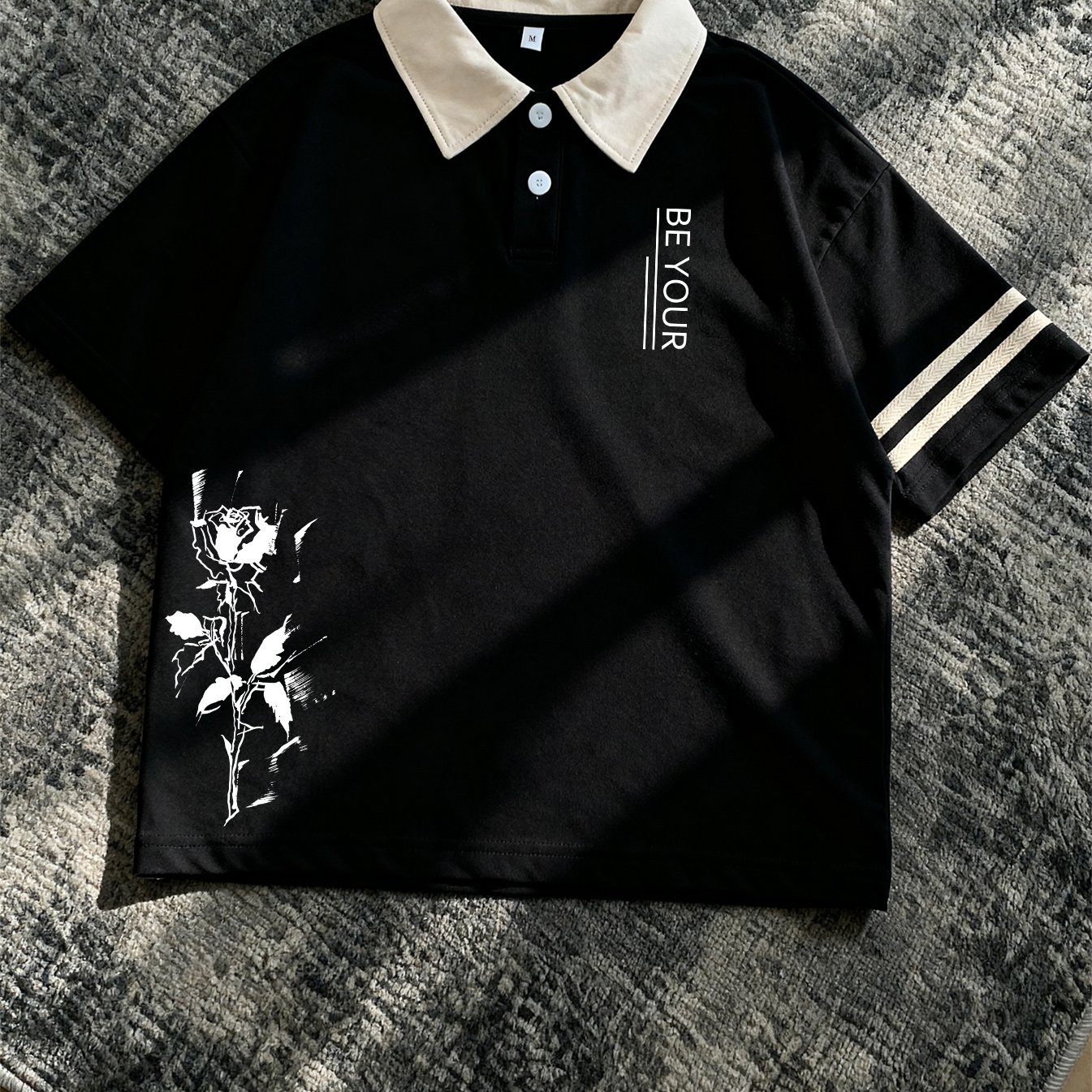 TEMU 's Shirt, Y2k Fashion Print, With Contrast Collar, Stripe Cuffs, Left Chest Printed With Vertical Be Your Lettering, With White Branch Print,