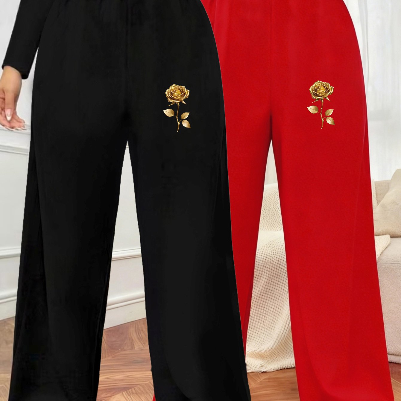 TEMU Plus Size - Plus Size - Women's Plus Size 2pcs Casual Pants Set - Golden Rose Floral Print, Stretch Trousers, Perfect For Outdoor, And Casual