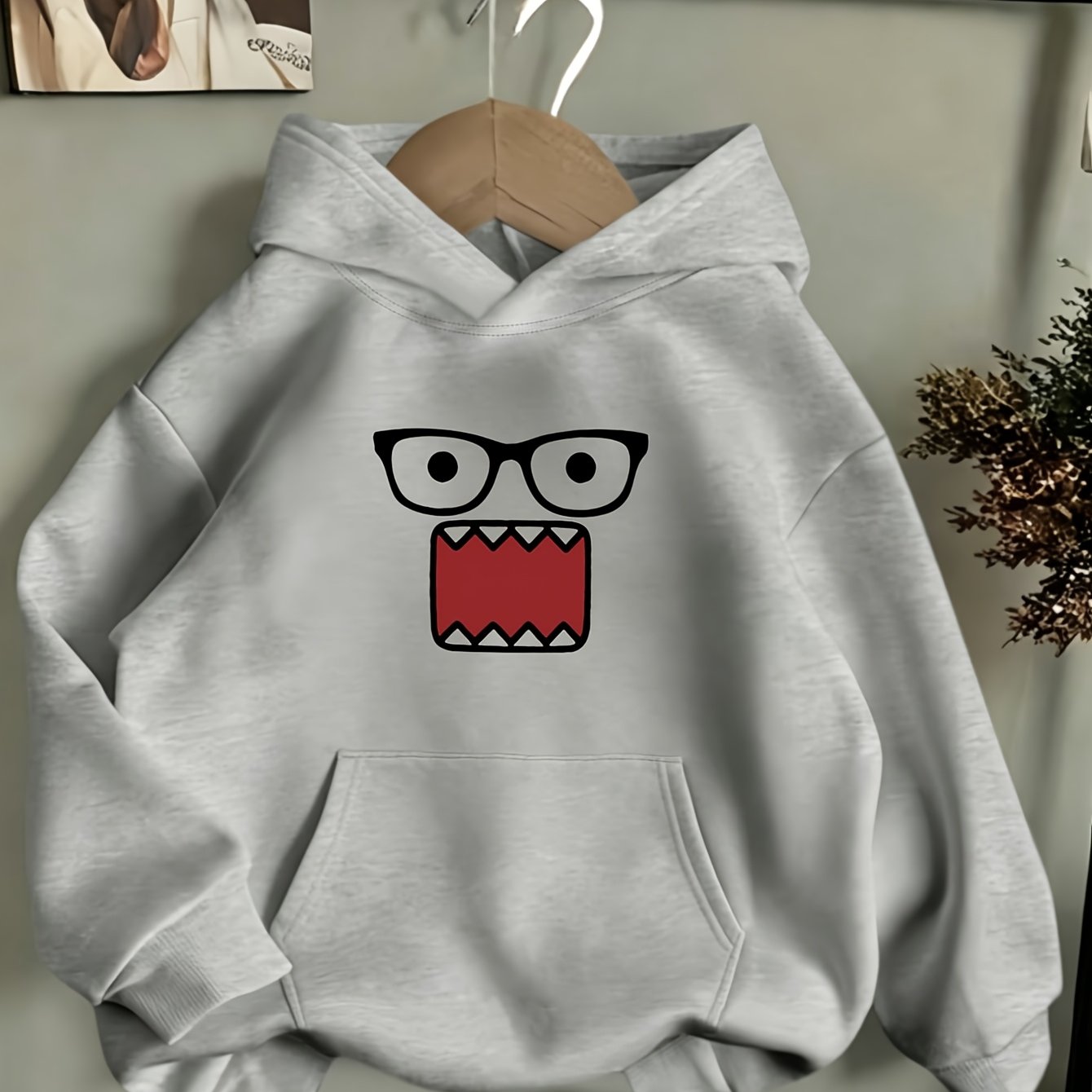 TEMU Women's Hoodie Retro Fun Cartoon Black Frame Glasses Mouth Monster Face Glasses Mouth Print Pattern Hooded One-piece Women's Hoodie Loose Autumn