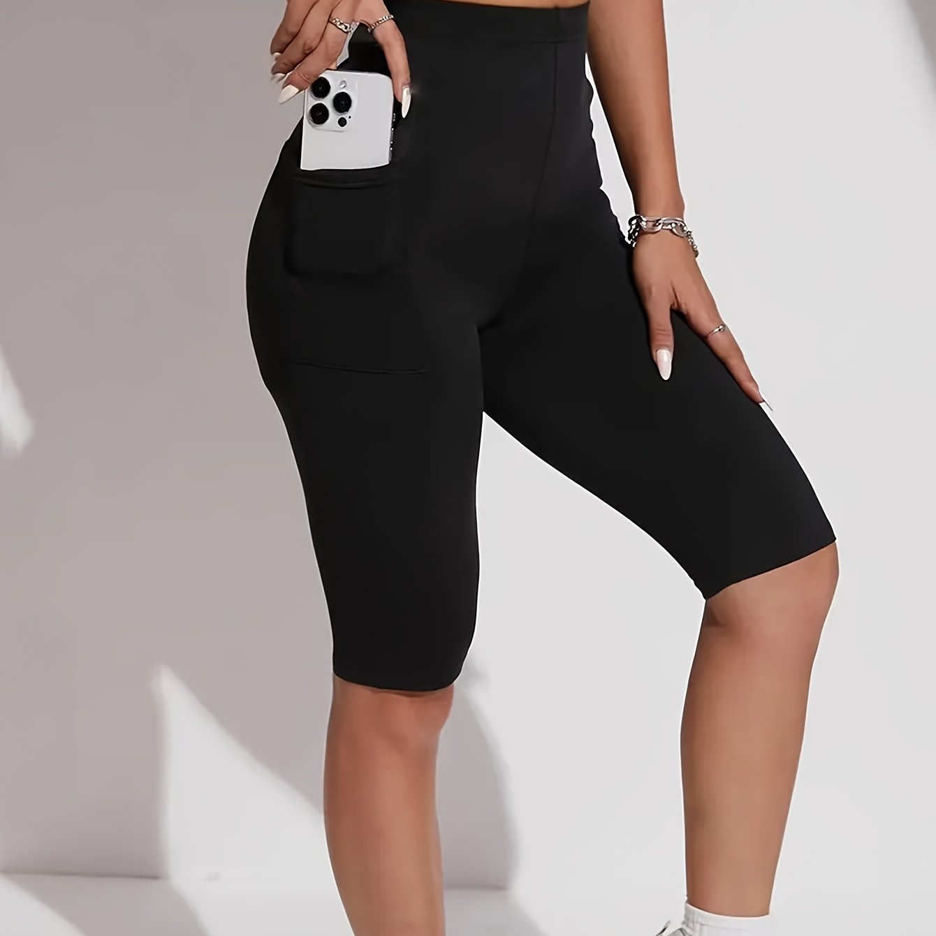 E-shop High-Waist-Stretch-Yoga-Shorts für Damen - 7/8 Länge mit , Einfarbig Schwarz für Fitnessstudio, Laufen & Freizeitkleidung - Ganzjahreskomfort,