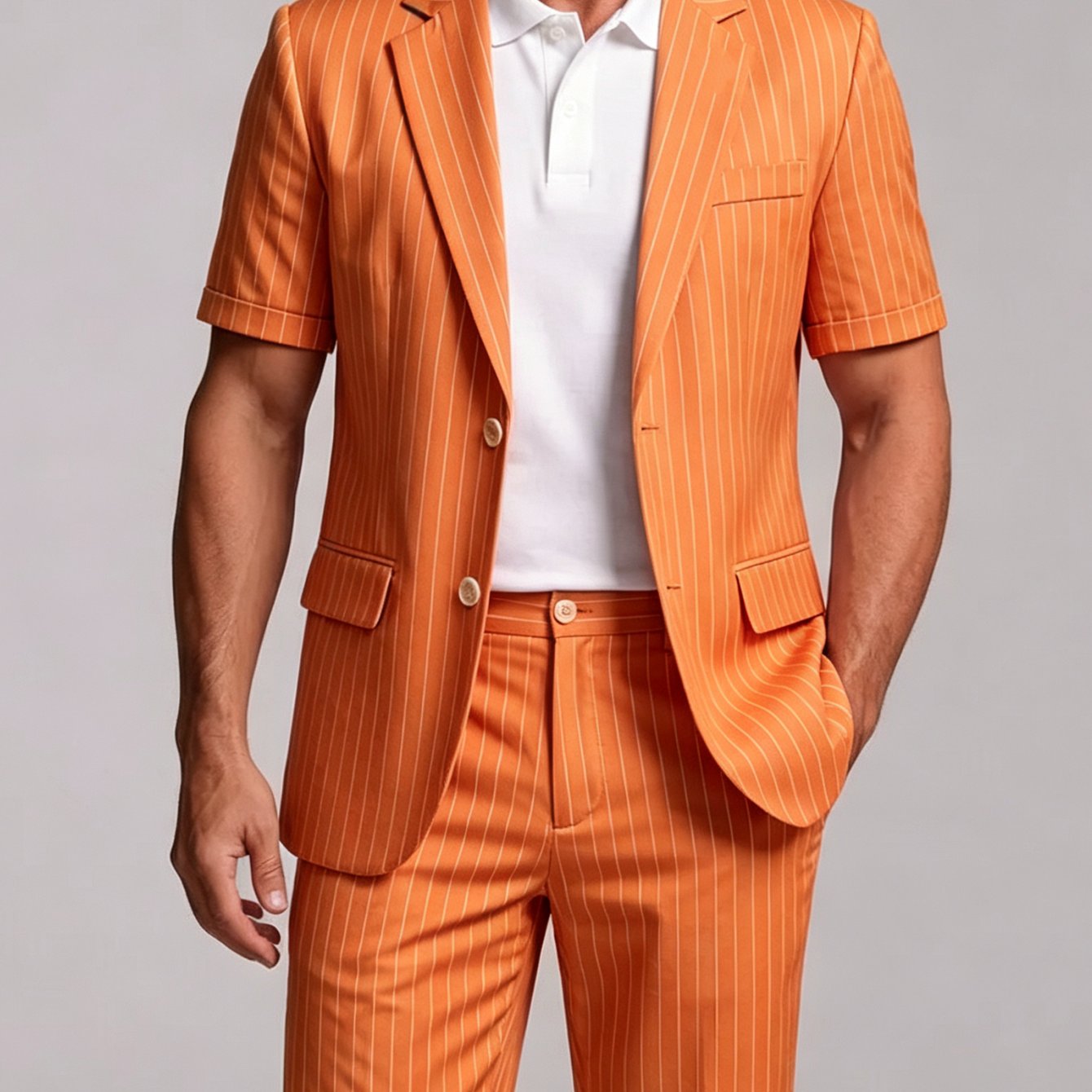 2pcs Set: Men's Business-casual & Sporty Printed Short-sleeve Suit Jacket With Notch And Two-button Closure, With Matching Shorts - Multiple Colors