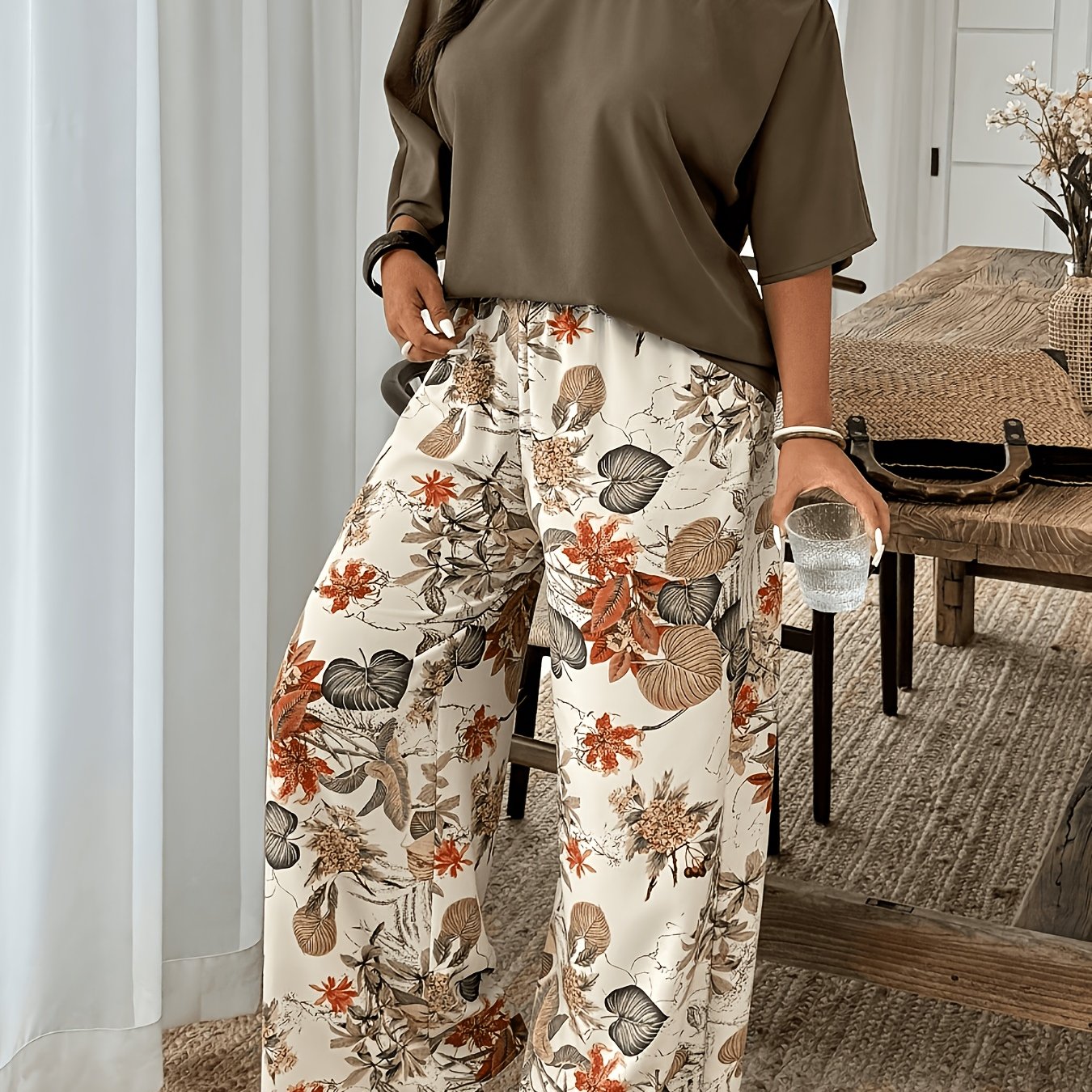 TEMU European And Women's Elegant 2pcs Set: Solid -shoulder Loose Pullover With Floral Print Pants,, Comfortable, Versatile For Commuting And
