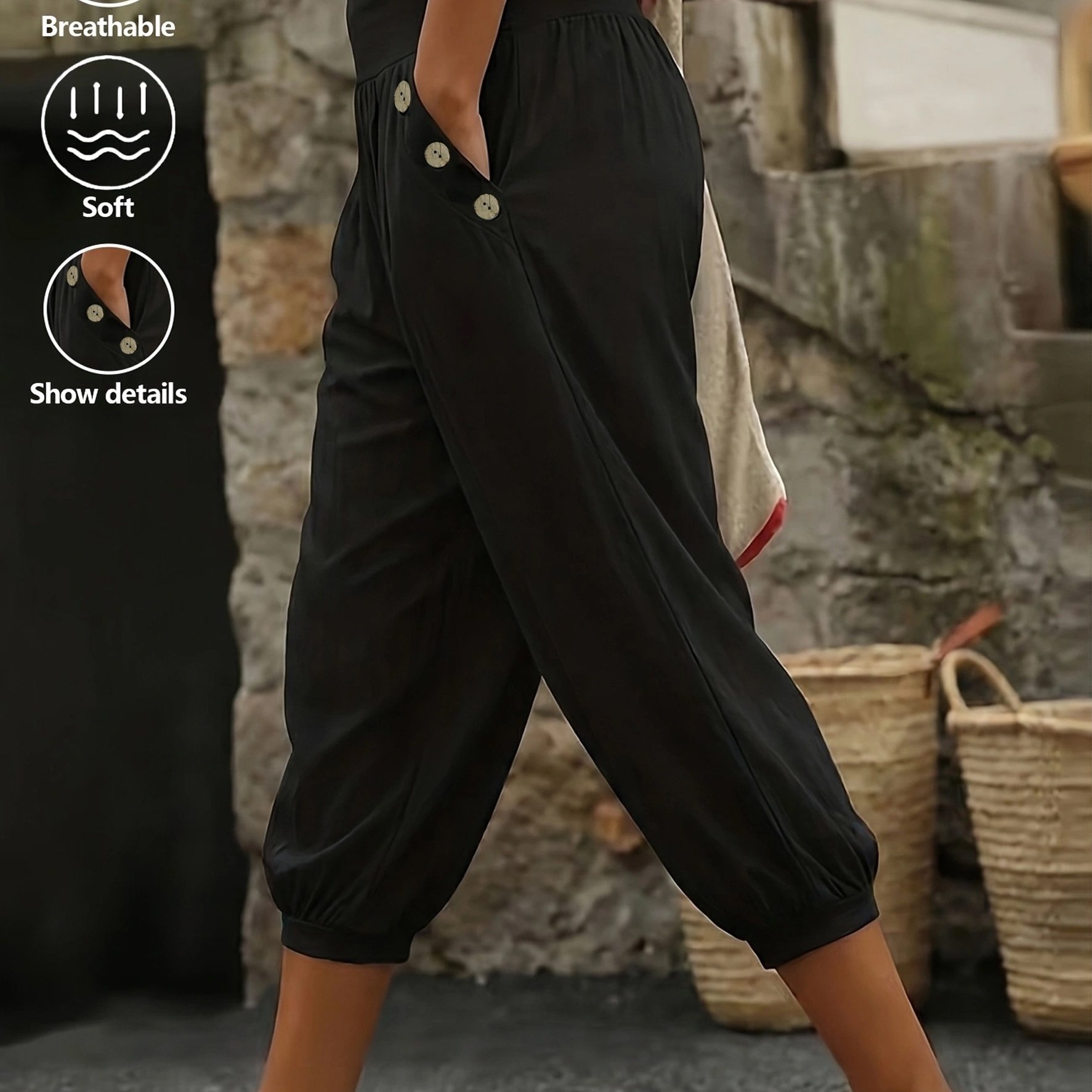 Plus Size - Plus Size - Women's Plus Size Solid Color Loose Wide Leg 3/4 Pants