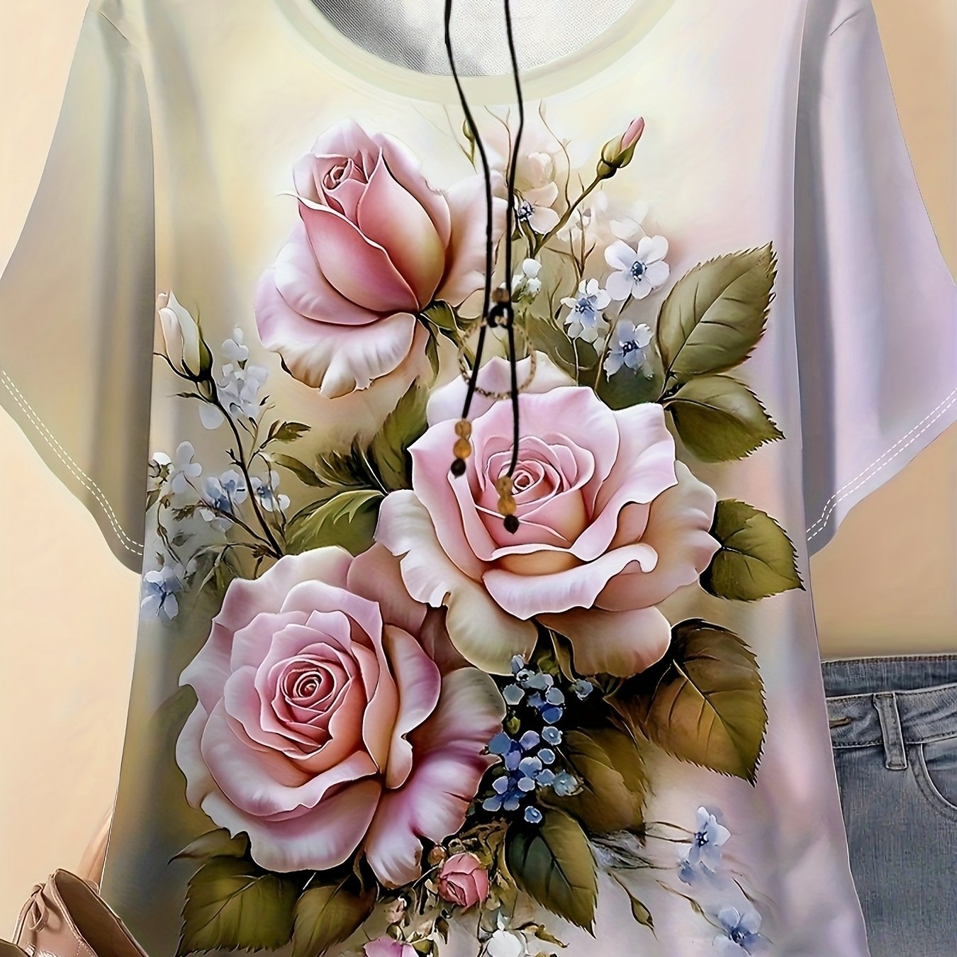 TEMU Plus Size, Women's Floral Print T-shirt - Stretch Polyester Blend Fabric, Machine Washable, Round Neck Short Sleeve Top, - Casual Summer Wear,