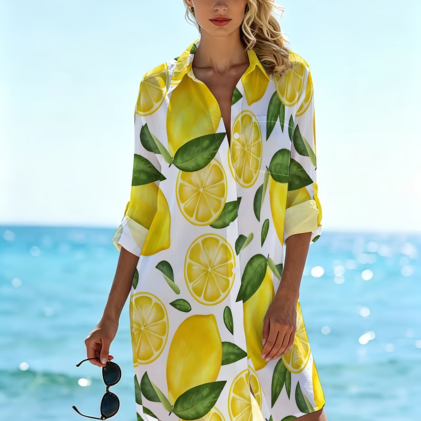 TEMU New Plus Size Long Sleeve Printed Shirt, Loose Fit, Button Neckline, Beach Print Shirt, Plus Size Shirt Print With Vibrant Yellow Lemons And