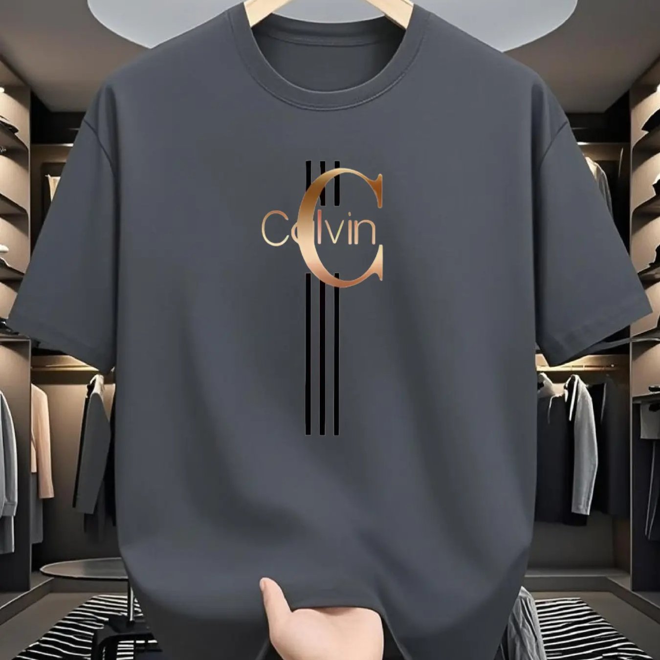 TEMU Calvin Letter Printed Round Neck Short Sleeved Shirt, Trendy , , Outdoor Street, Hiphop , Comfortable Fabric, Men's Short Sleeve, 100 Cotton Top, Local Shipment Springsummer Men's Tshirt