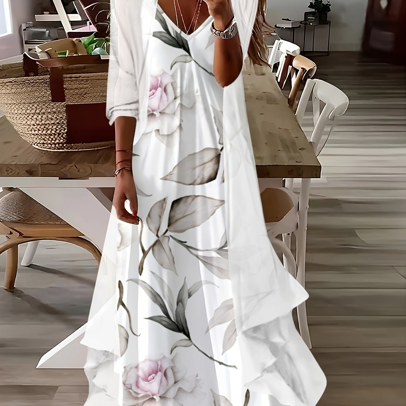 Qc Leaf Pattern Printed Dress Set