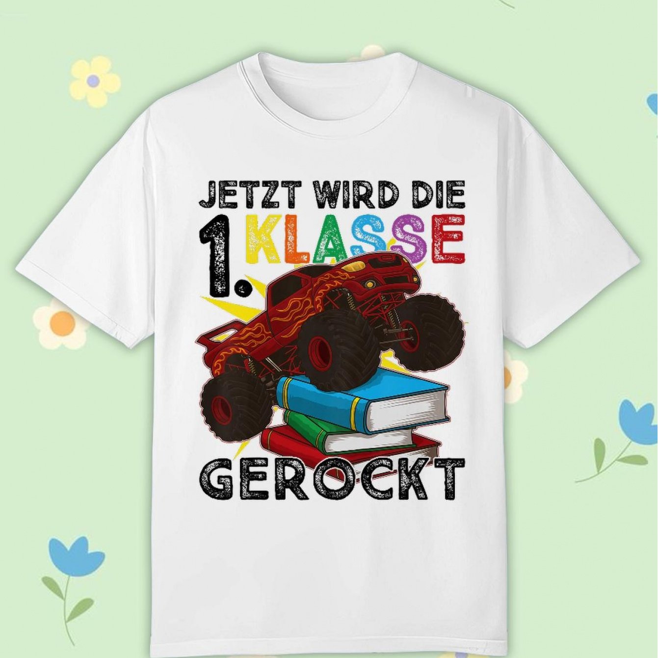 Image of First Day Of School 2023 Monster Truck 1st Grade Is Rocked Boys' T-shirt, Black Comfortable Casual Crew Neck Tee For Boys And Girls T Shirt, 200g