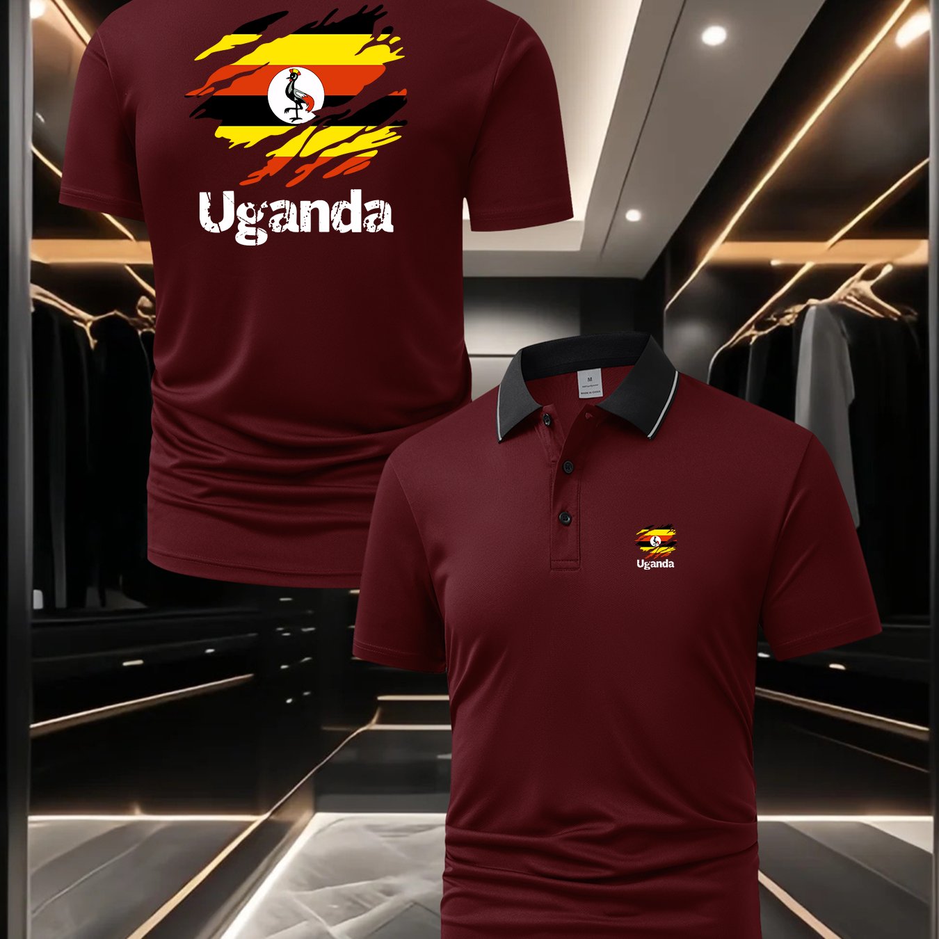 TEMU Uganda Flag Elements Shirt With Chest Logo And Back Print, Easy And Stylish, Soft And Breathable Casual Top, Essential For Daily Wear, Business