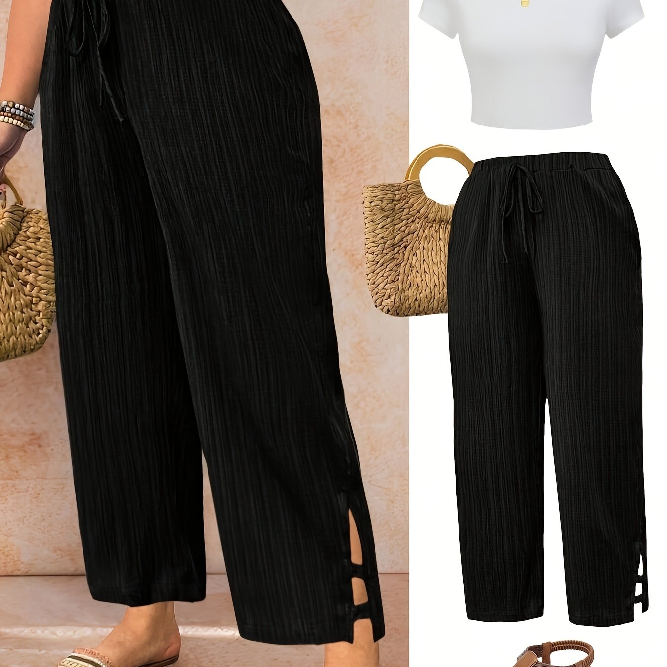 TEMU Plus Size, Women' Plus-size Wide-leg Trousers - Elegant Solid Color Pants Suitable For - Wear, Wide-legged Trousers Suitable For, Casual &
