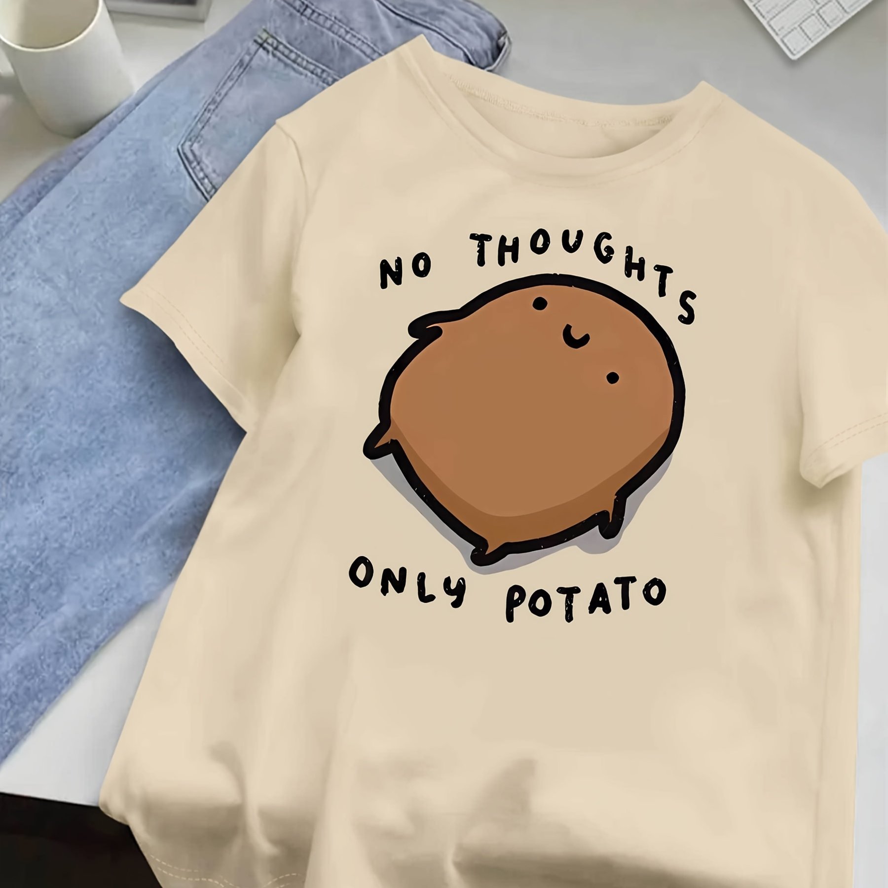 Women's "no Only Potatoes" T-shirt - Olive Green Round Neck Short Sleeve Top, Casual Casual Attire With Potato Design, Machine Washable Suitable For, Sizes S-xxl For Daily Outfits & Potato Lovers