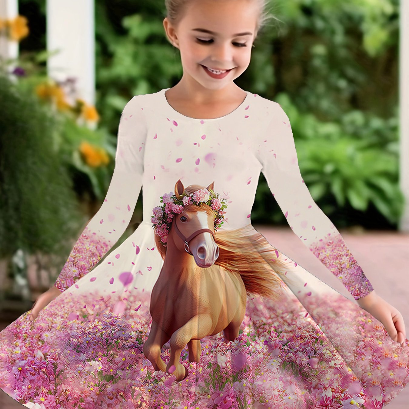 Image of Girls' Long Sleeve Bell/flare Skirt Dress With Asymmetrical Hem - Cute Flower & Petal Print Party Dress, Winter Birthday Outfit, Machine Washable Fall/winter Dress For Girls, Party & Casual Attire
