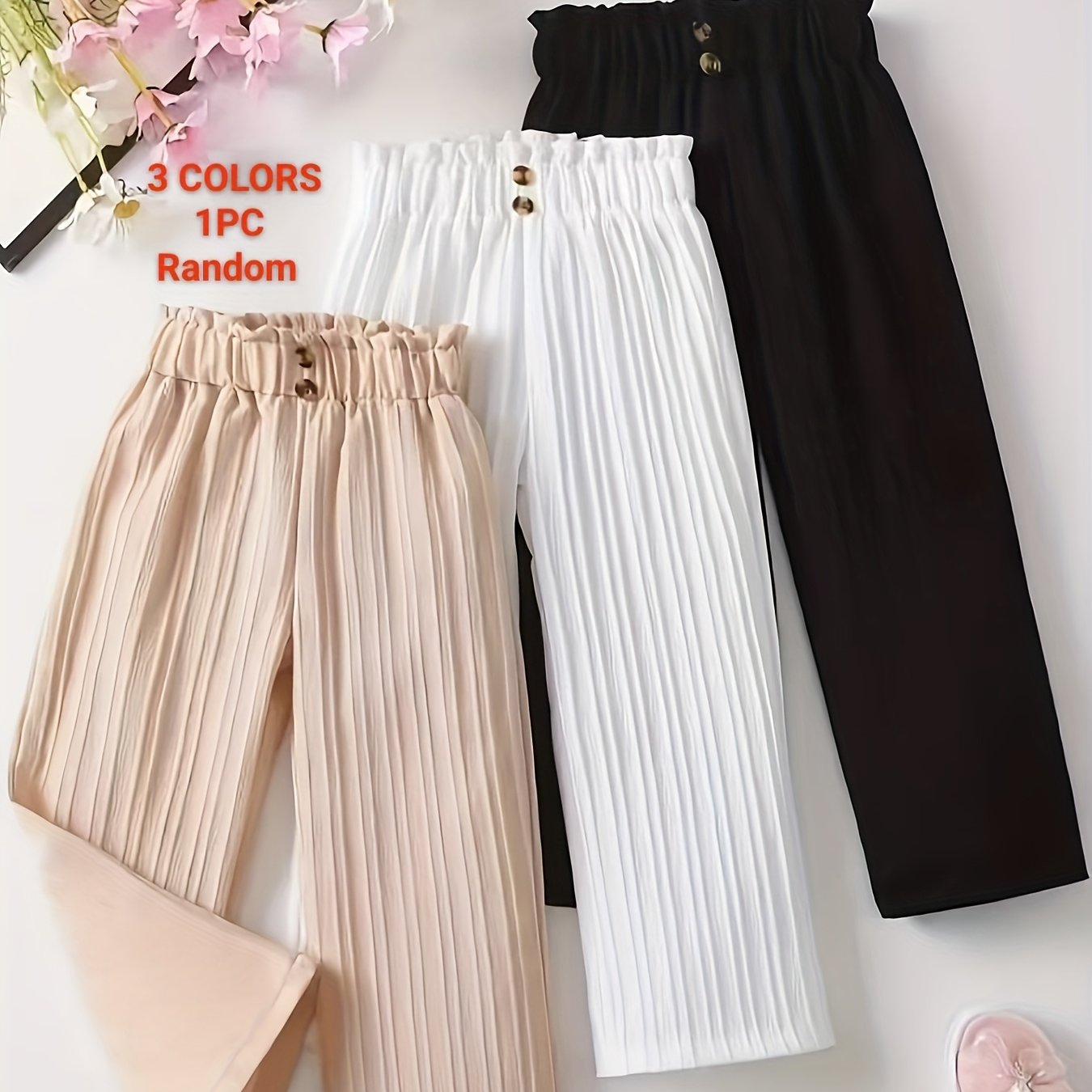 Image of Random 1pc 3 Colors Girls' Casual Comfortable Paper Bag Pants Solid Color Straight Long Trousers Wide Leg Pants Suitable For Little Girls' Spring Autumn And Summer Daily Outdoor Wear, For Outdoor