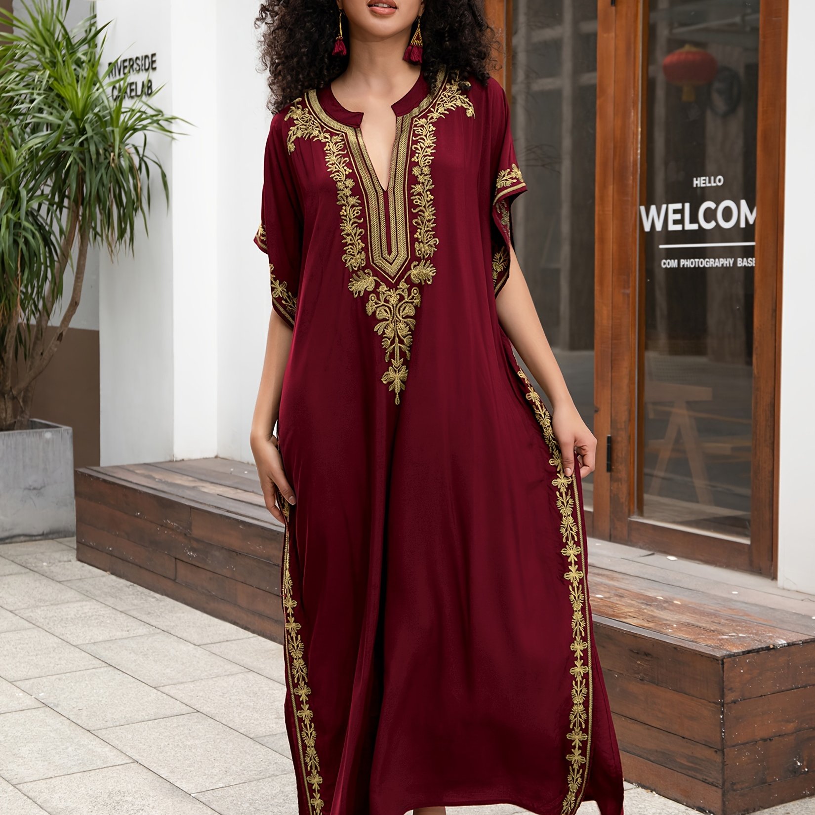 TEMU Chic Golden Embroidered V Neck Loose Fit Batwing Sleeve Side Split Up Kaftan Dress, Women's Plus Size Swimwear & Clothing