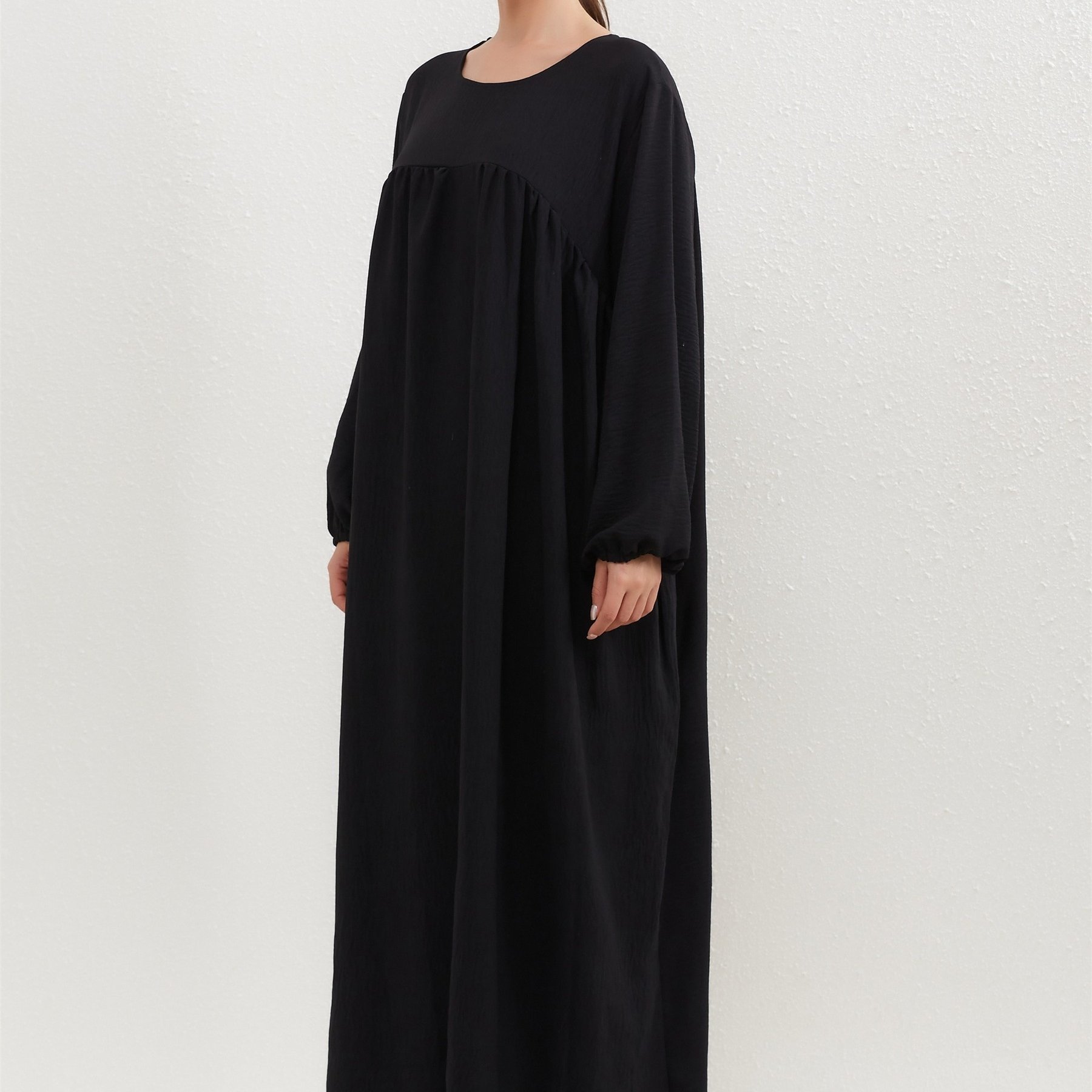 Image of Solid Color Crew Neck Kaftan Dress, Elegant Long Lantern Sleeve Maxi Length Dress, Women's Clothing