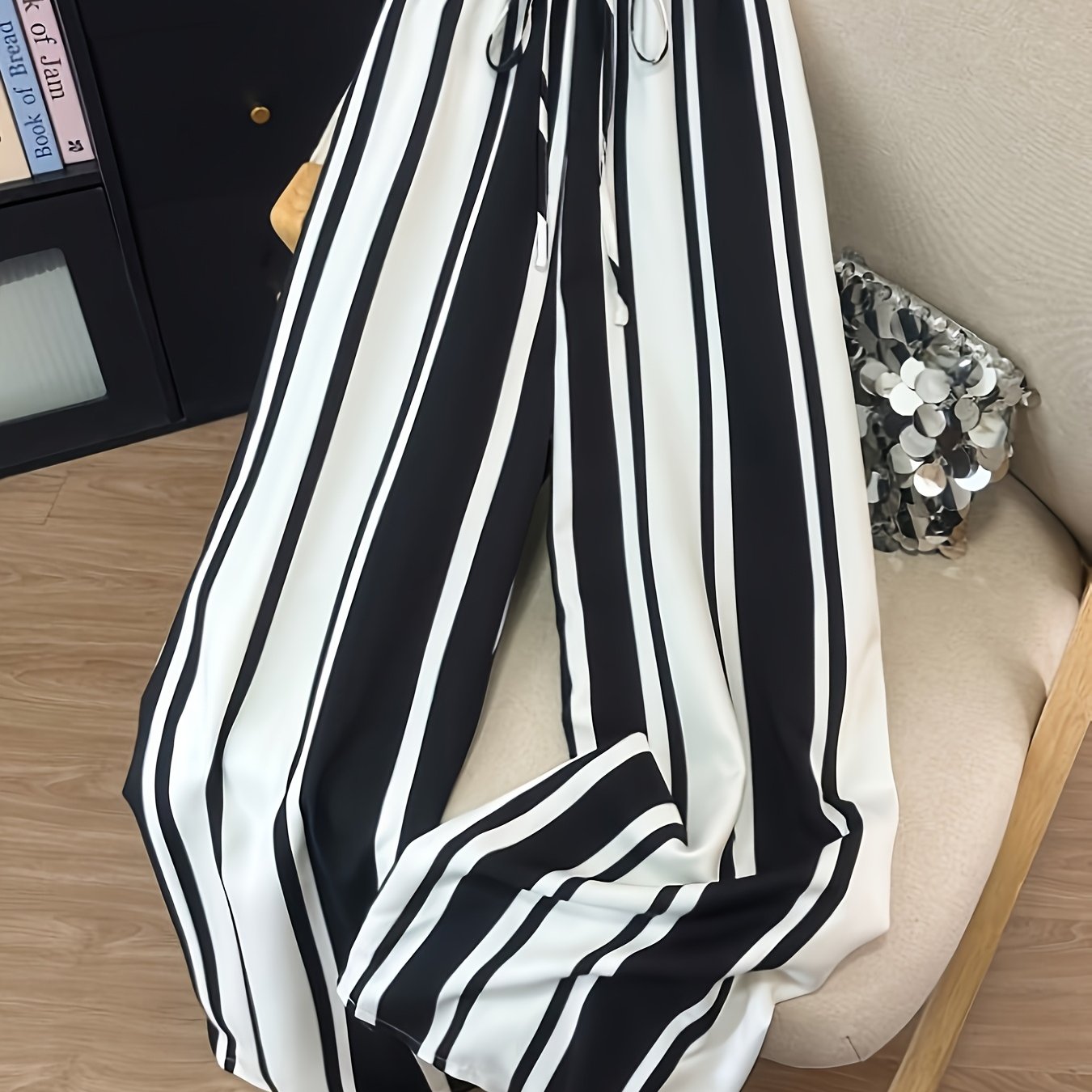 E-shop Plus Size - Plus Size - Plus Size Damen, Leggings mit Kordelzug, breitem Bein und Streifenmuster, lässige Freizeithose,