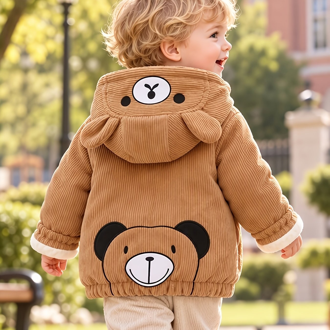 Image of Winter Boys' Jacket Warm Windproof Hooded Long-sleeved Pocket Cute Bear Outdoor Sports Casual Toddler Baby Boys' Tops Children's Clothing