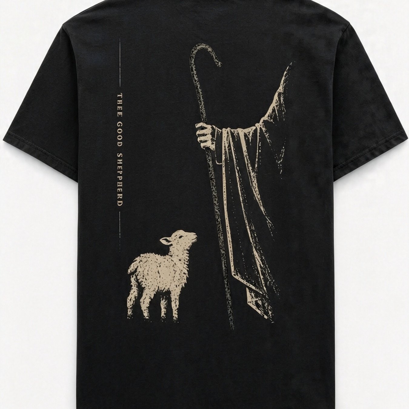 TEMU Lamb Good Shepherd Print Christian Faith Style Men's Black Crew Neck Short Sleeve Regular Fit T-shirt, For Spring, Summer, And Autumn Church