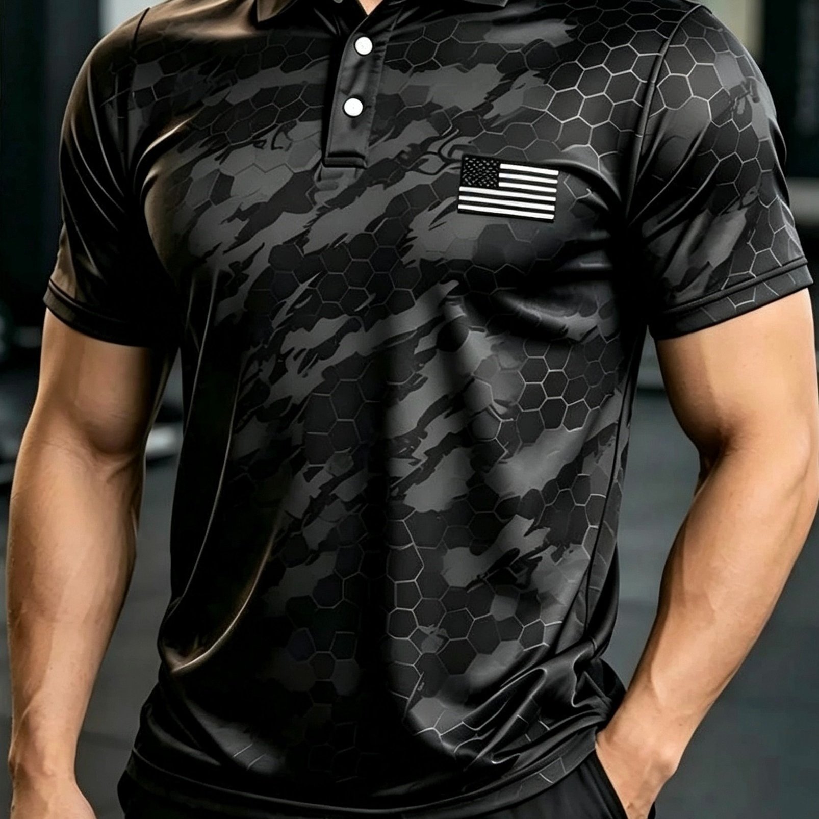 TEMU Men's Black Honeycomb And Stars And Stripes Print Short-sleeve Shirt - Tactical Collar Design, Patriotic , Suitable For Independence Day, Daily