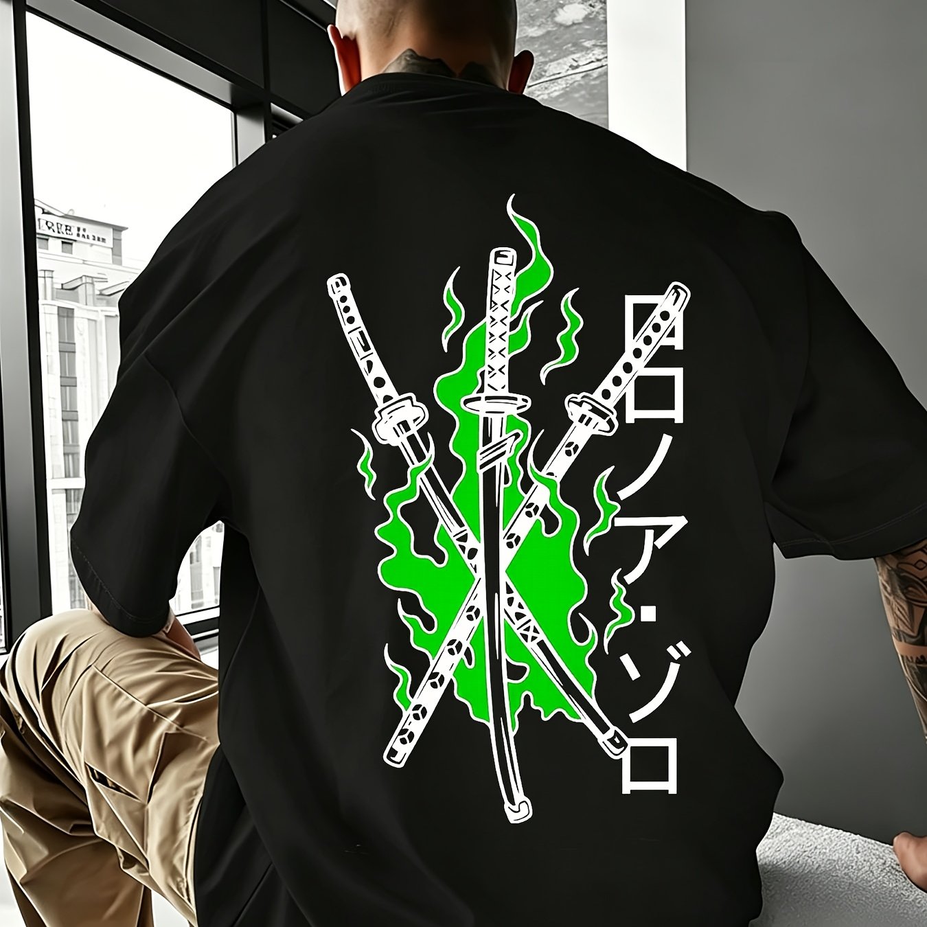 Men's Spring T-shirt - Japanese Swords Graphic - Green Flame Anime Print - Streetwear Style - Oversized Loose Fit - Fan Casual Tee