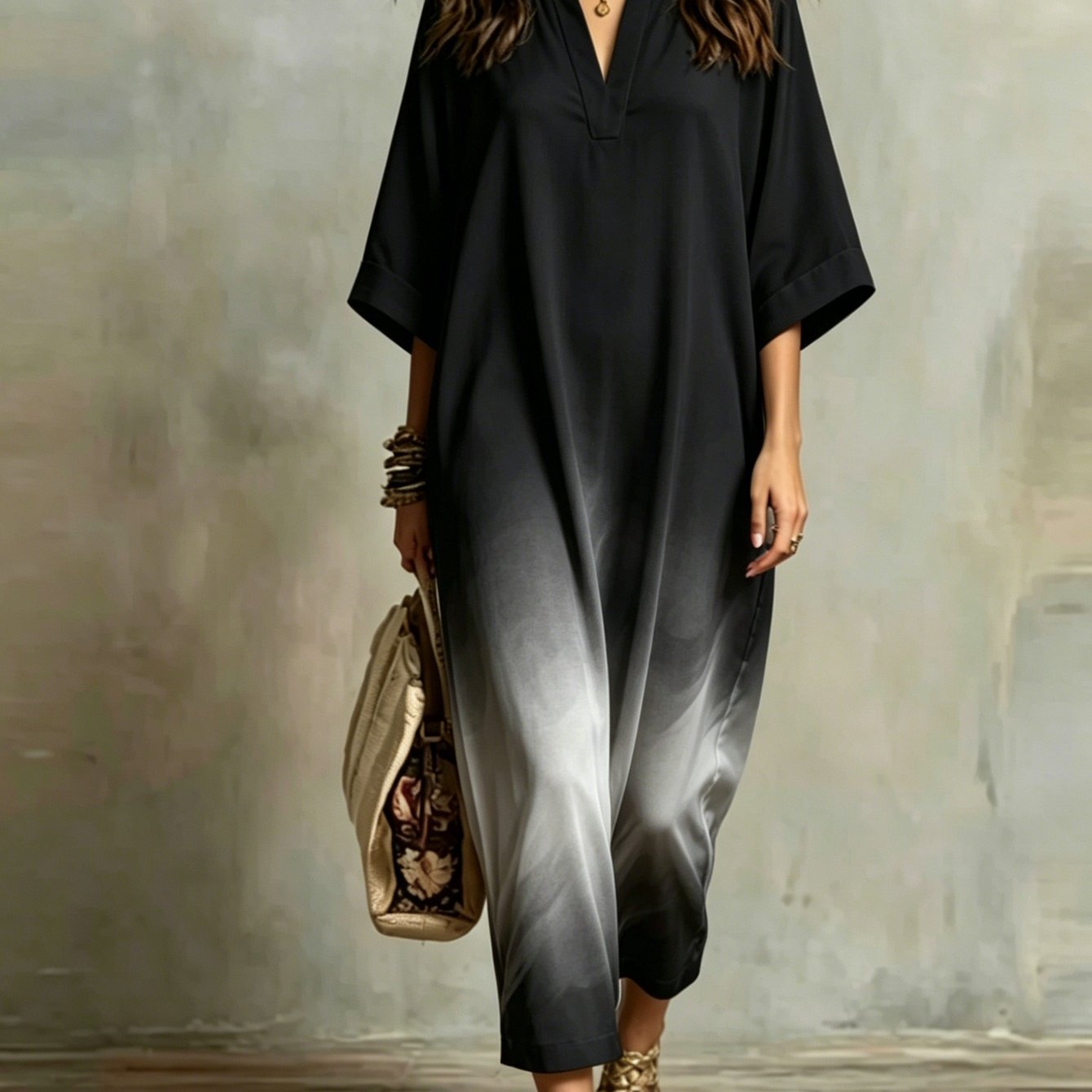 Image of Plus Size, Black Gray Gradient Tie-dye Solid Color Lapel -sleeve Loose Maxi Dress, -friendly Minimalist High-end Vacation Long Dress Perfect Gift Pick