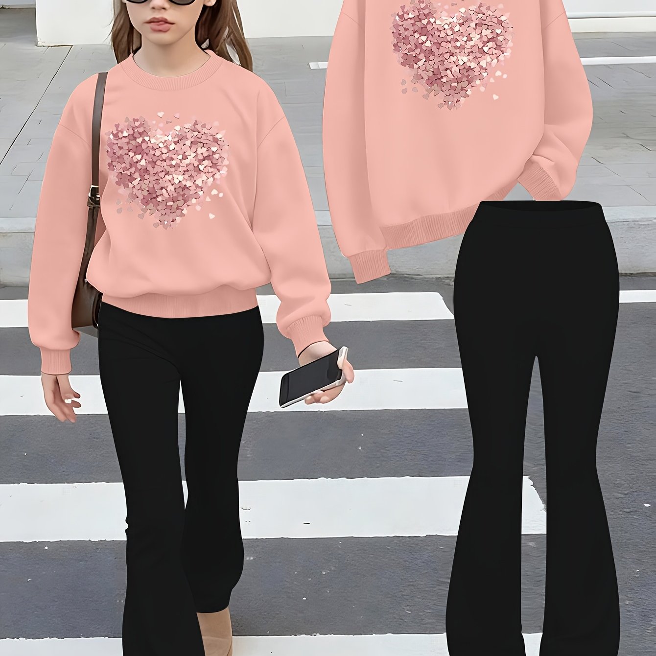 2-piece Set: Girls' Autumn/ Printed Casual Long-sleeve Crewneck Sweatshirt With Knitted Flared Pants 2pcs Set, Girls' Outfit, Perfect For Outdoor