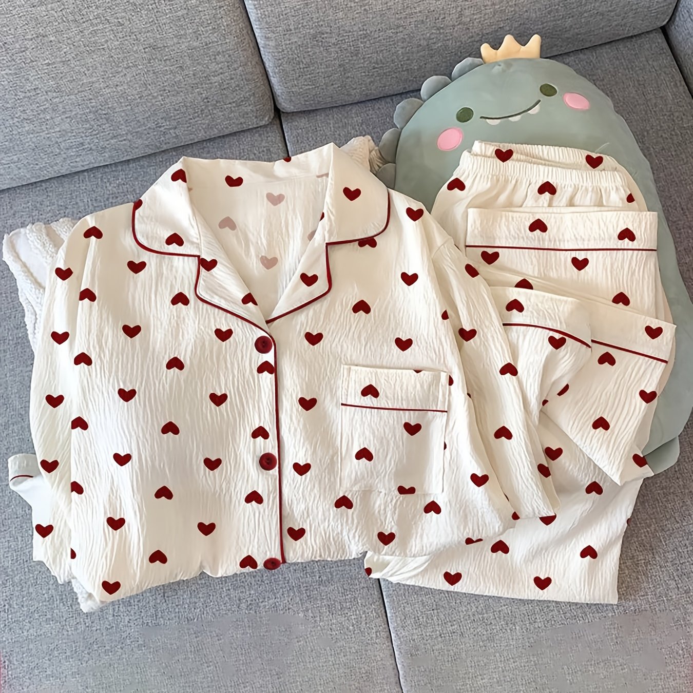 E-shop Damen Pyjama Frühling Herbst Neues Herz Elegantes Langarm Langhose Hausmode Mode Lässig Klassisch 2-teiliges Set Damen Schlafanzug Dünnes Sommer