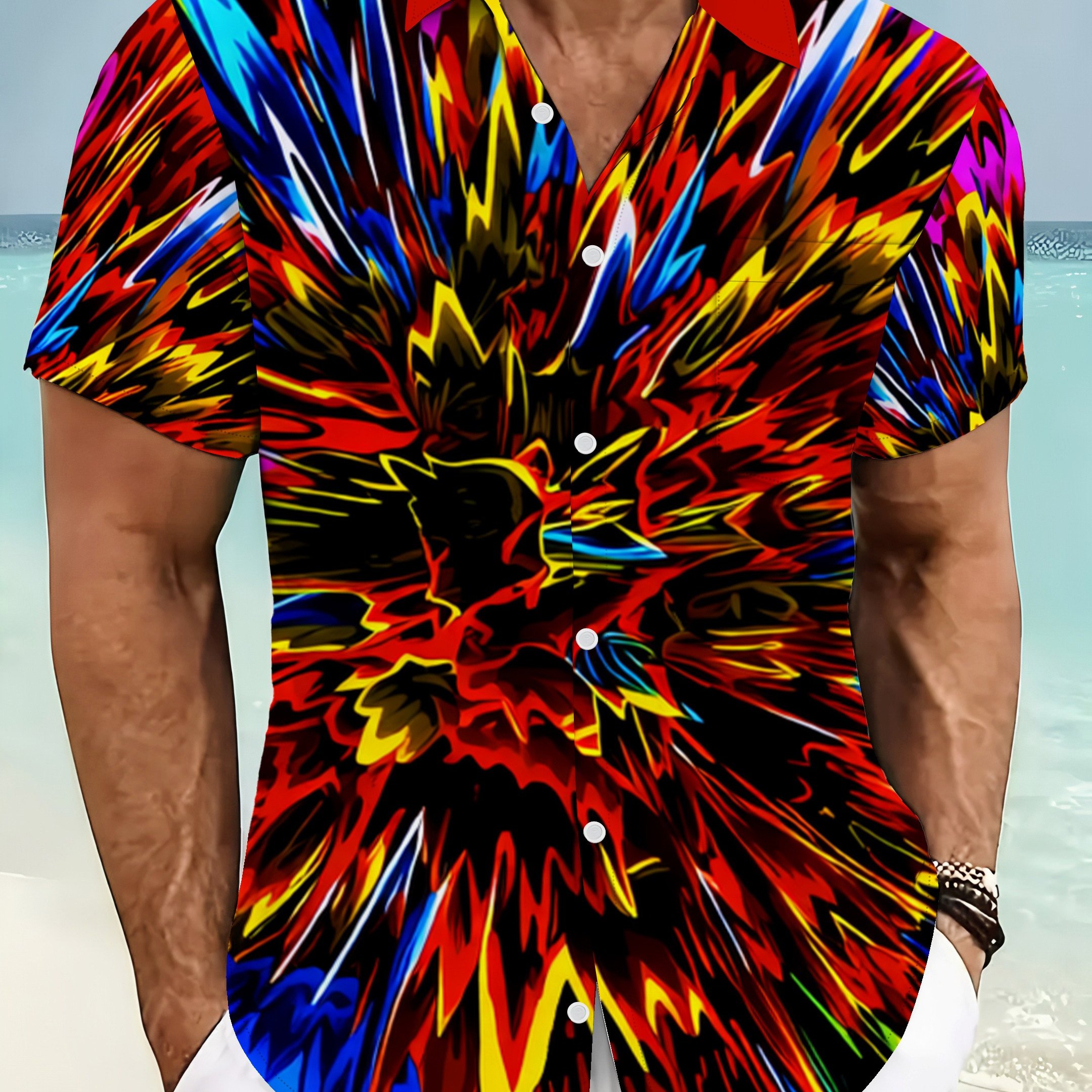 TEMU 's Plus-size Short-sleeve Shirt Featuring Vibrant Abstract Digital Prints - A Blend Of Casual And Street Style, Suitable For , Comfortable