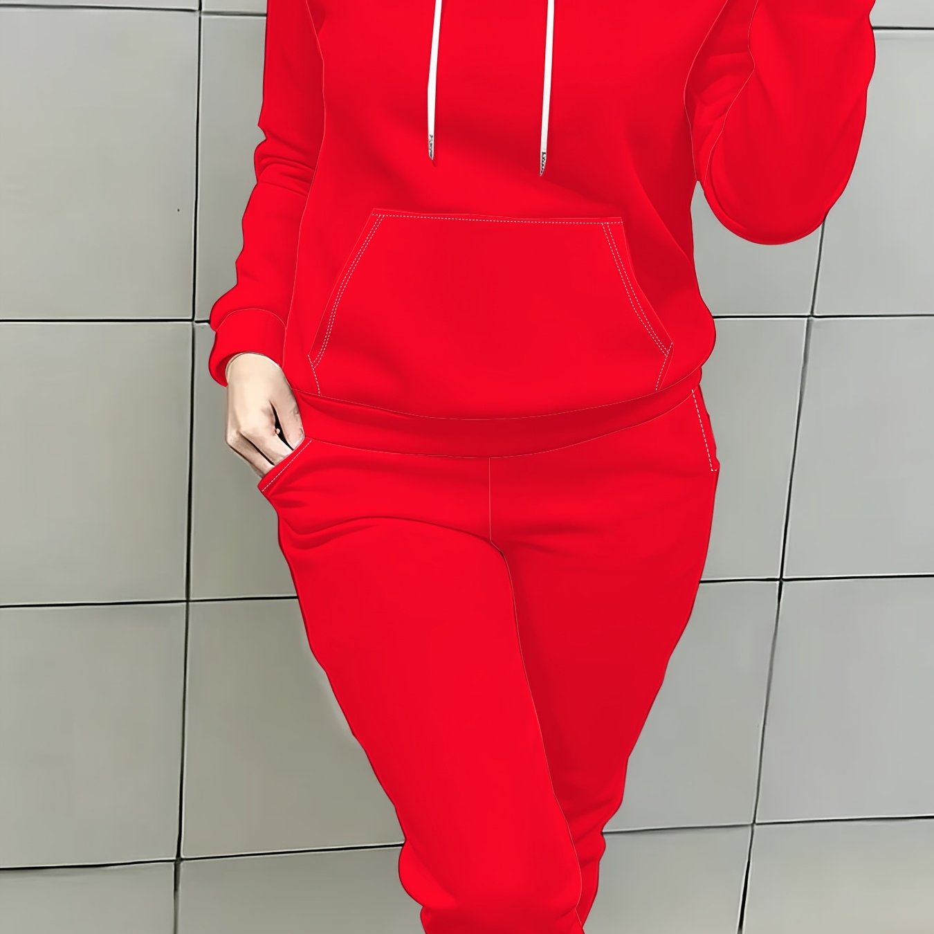 TEMU Women's Casual Hooded Sweatshirt And Sweatpants Set, Mixed Colors, Multiple Sizes, Front Pocket, Side Pockets, White Drawstring, Solid