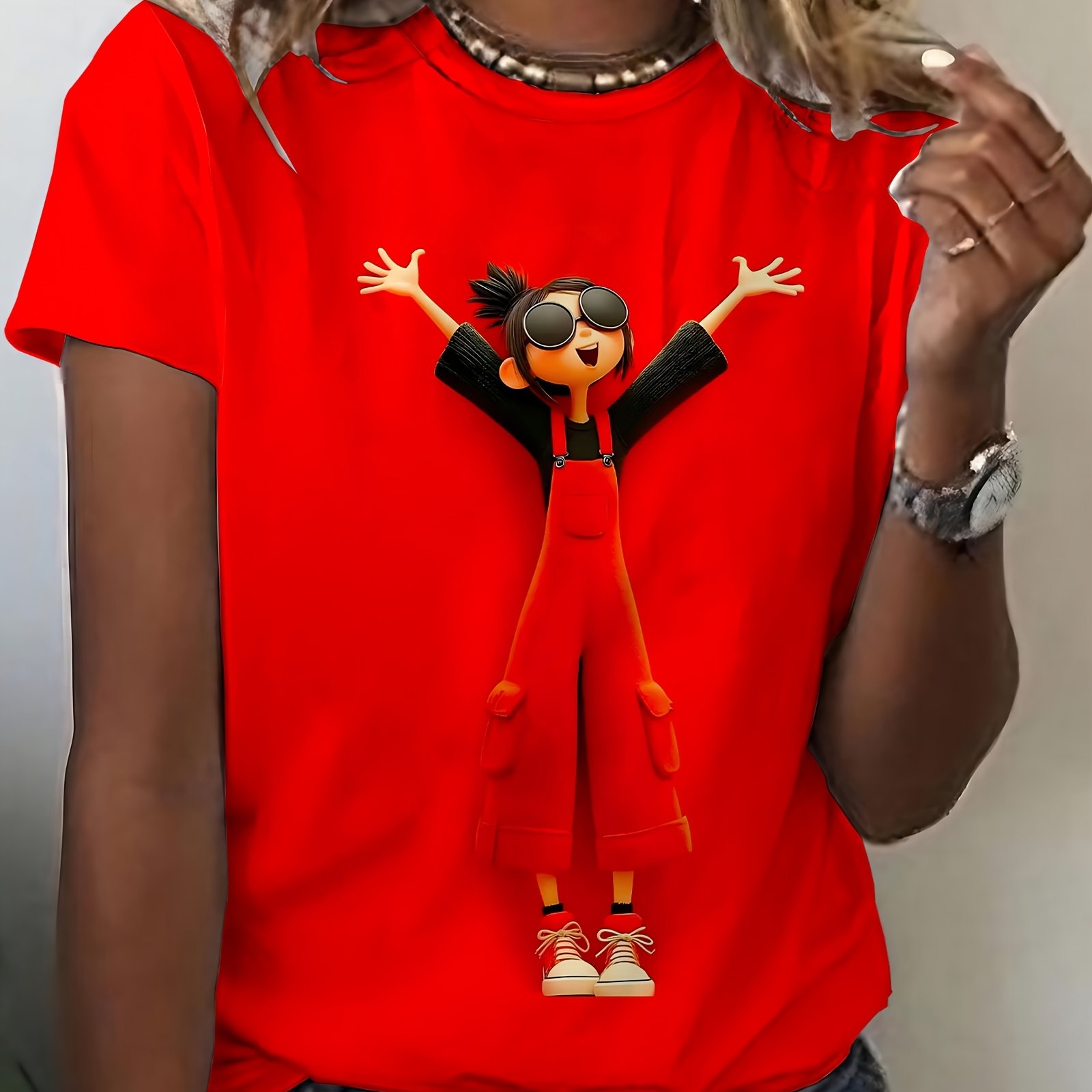 Image of Vibrant And Style! Red Printed T-shirt, Women's Fashion Top, Women's Outdoor Casual Comfortable Round Neck T-shirt