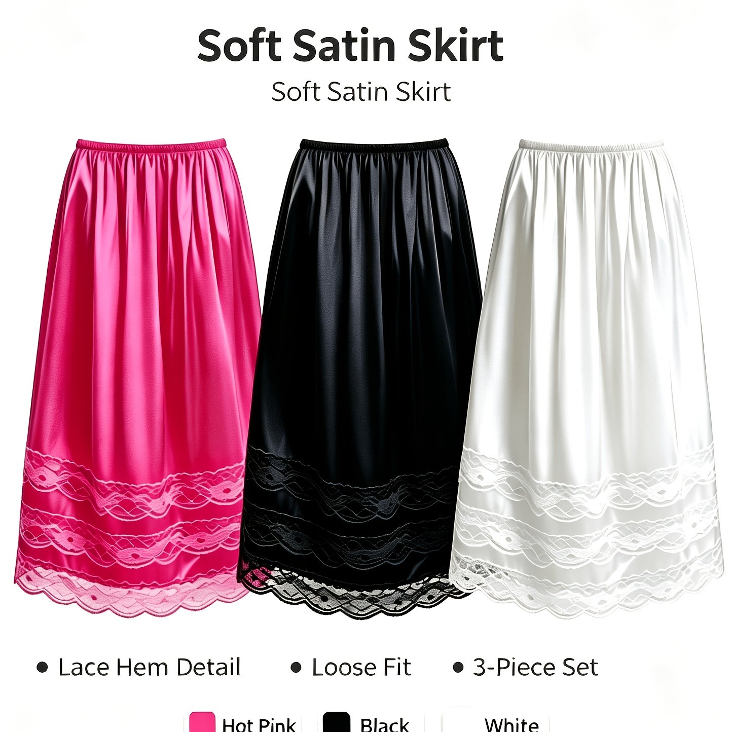 TEMU 3pcs Set Women's Satin Midi Skirt, Lace Hem Loose Elastic High Waist Half Slip Skirt, Hot Pink, Black, White - 3 Color Combo. Multi-occasion