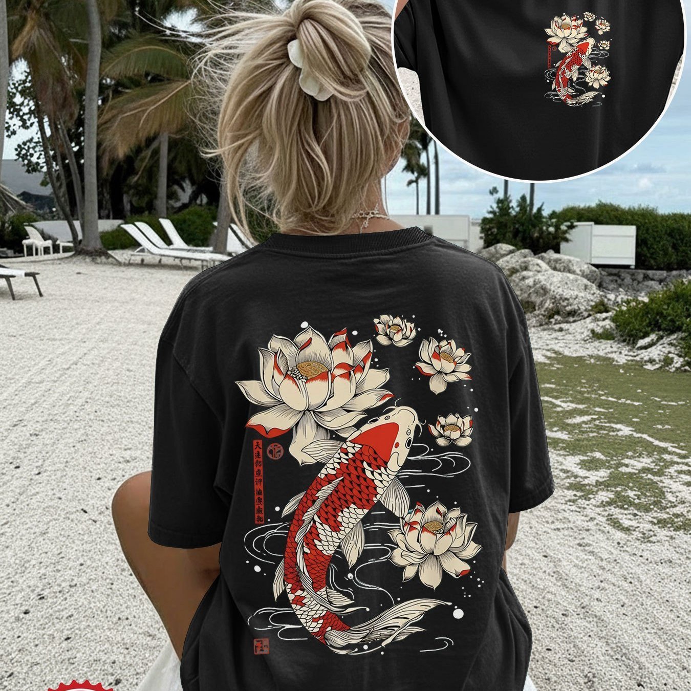 Image of Plus Size - Women's Fashion Top With Double-sided Print, Summer Clothing, Chinese Style, Koi Fish And Lotus Flower Print, Short Sleeve Round Neck T-shirt, Oversized With Shoulders, Longk