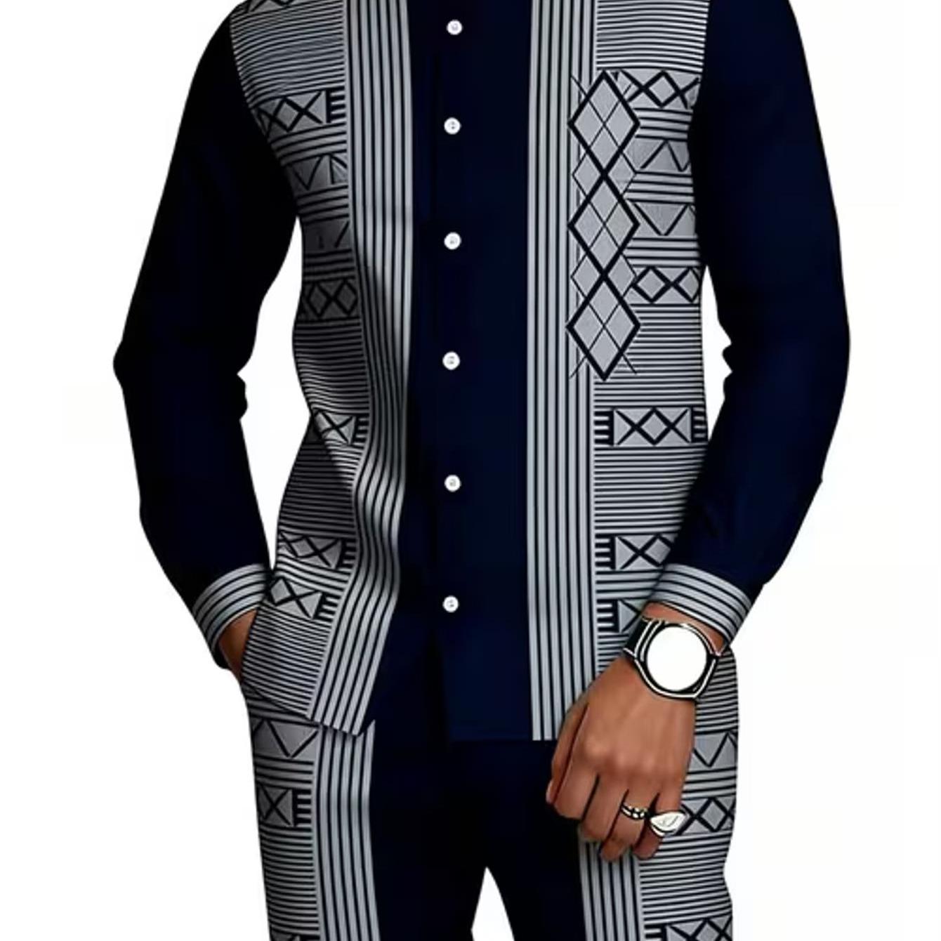 Image of Printed Design- Plain Stand Collar Men's Fashion Casual Trendy Geometric Pattern Long Sleeve Shirt And Pants Set Adult Men's Party Outfit Street Style