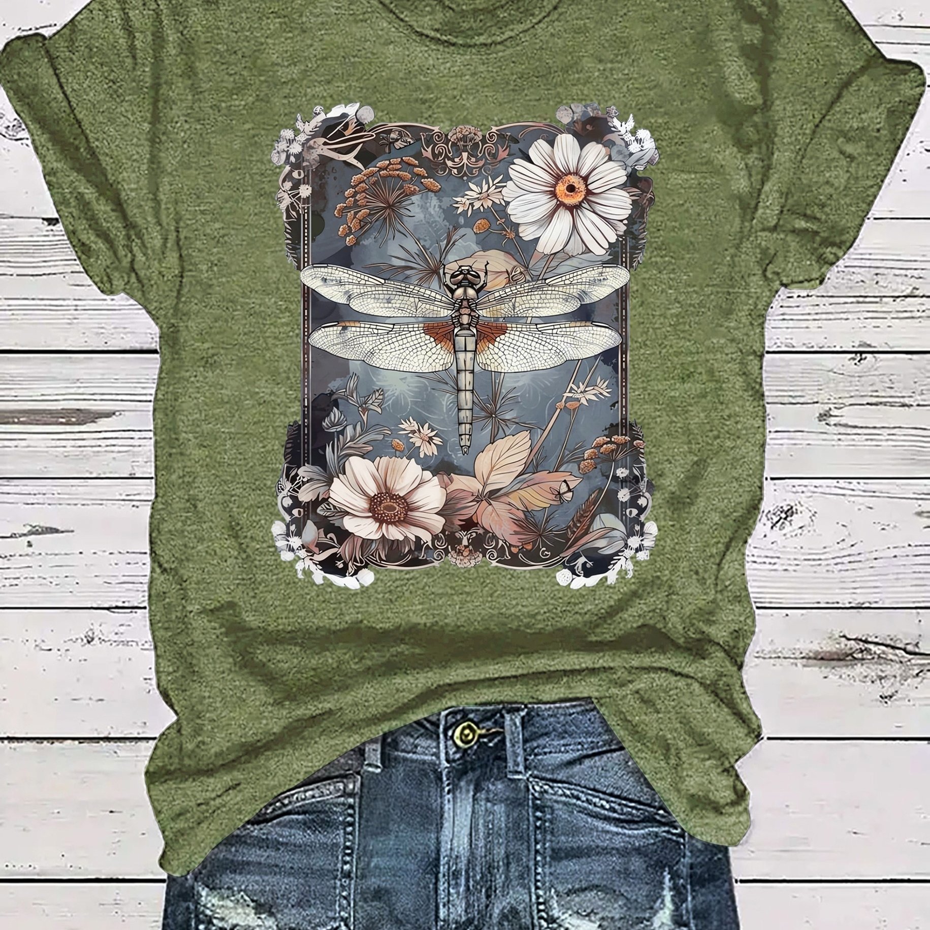 TEMU Dragonfly Floral Print Women's Summer Outfit Combined Version Round Neck T-shirt