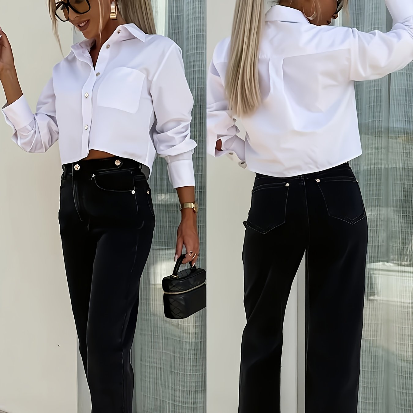 E-shop Elegantes Damen Langarmshirt - Klassisches goldenes Knopfleistenhemd, Cropped Slim Fit Design, Büro- und formelle Kleidung, Damen Pflegeleichtes