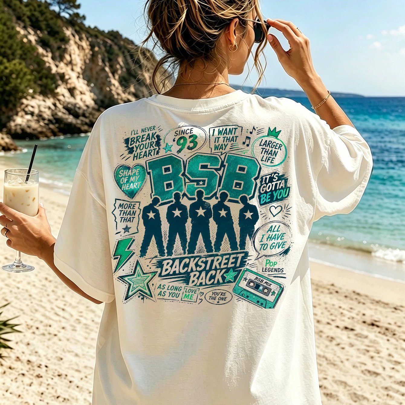 Backstreet Since 93 T-shirt 5 Cassette And Song Quote Collage In Teal Retro Women's T-shirt Back Print