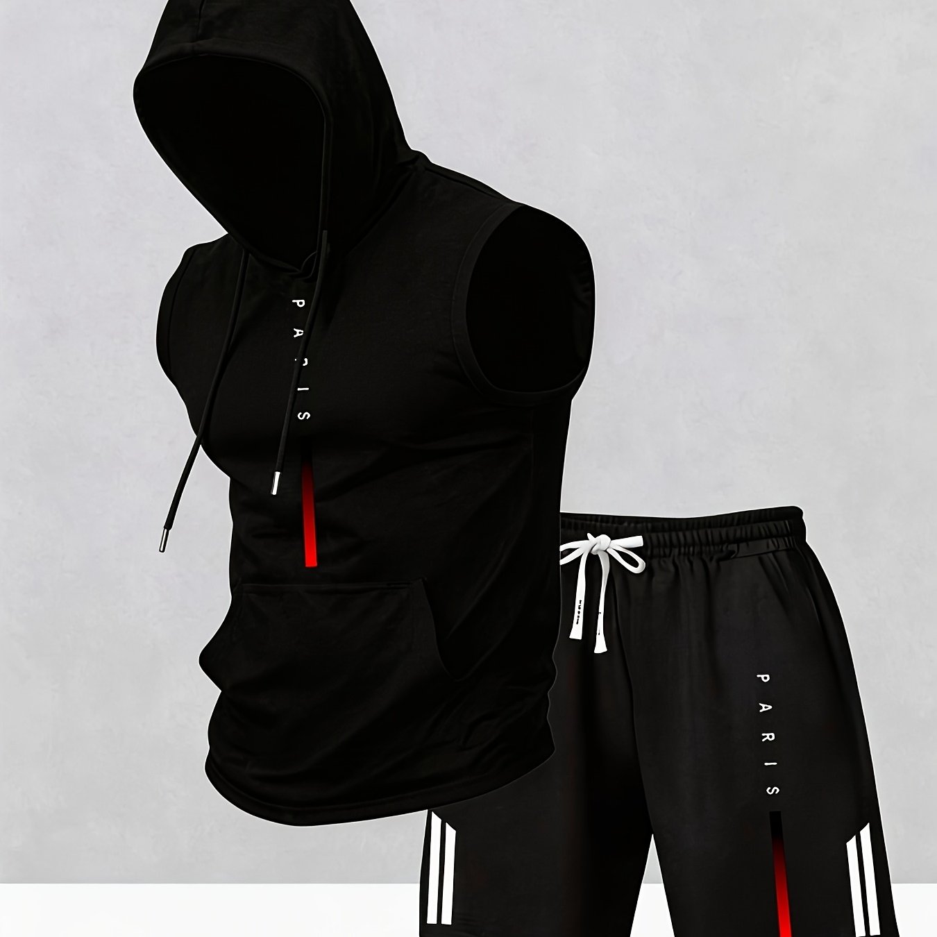 TEMU Paris" Vertical Gradient Sleeveless Hooded Vest   Shorts 2pcs Set, Men's Summer Casual Sportswear Set